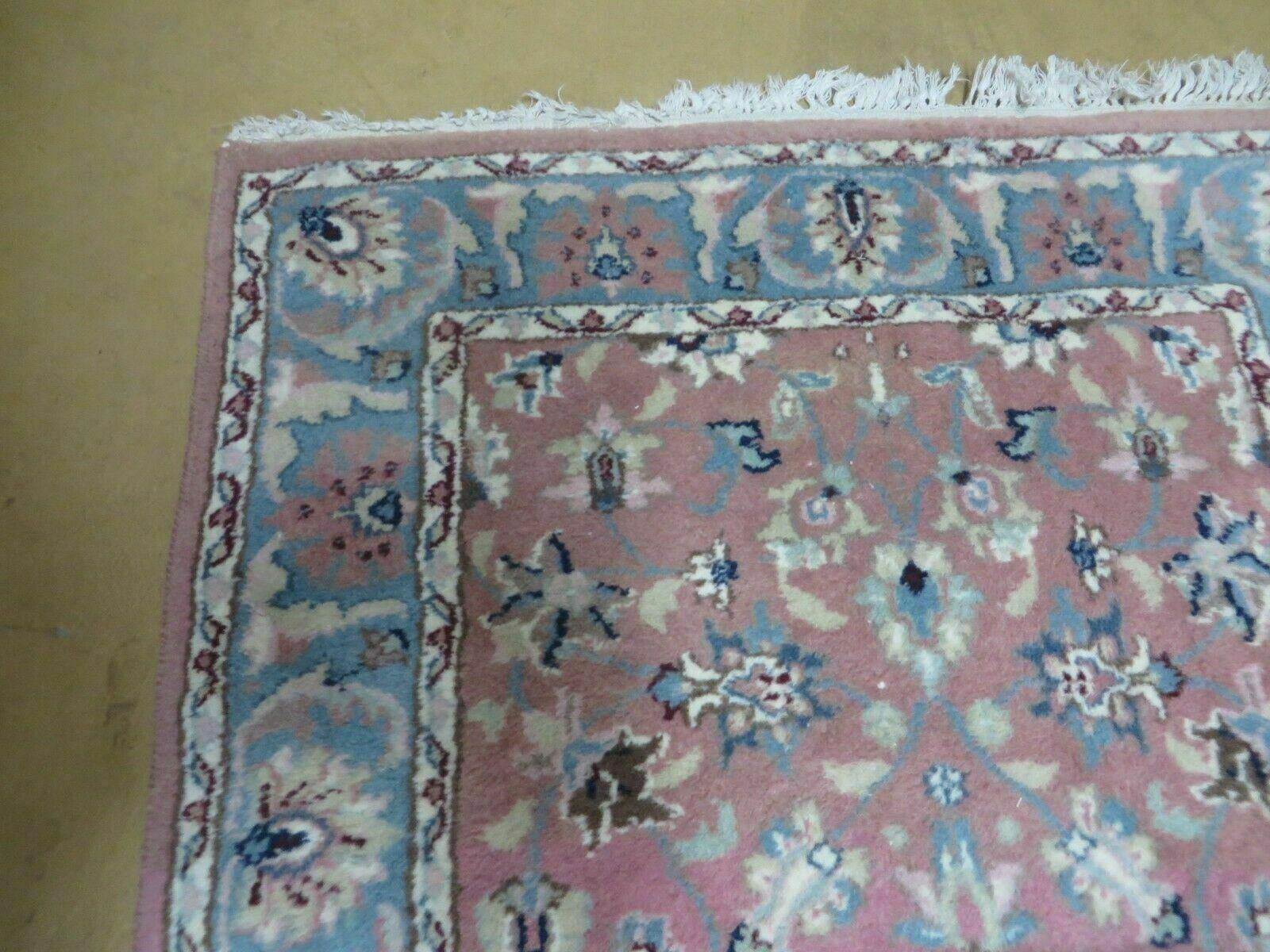 Indo Persian Runner Rug 2.8 x 12, Wool Hand Knotted, Pink and Light Blue