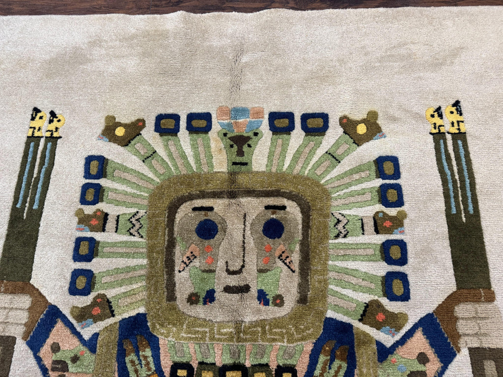South American Rug 6x7, Unique Native American Design, Ivory, Ecuador Rug, Handmade Wool
