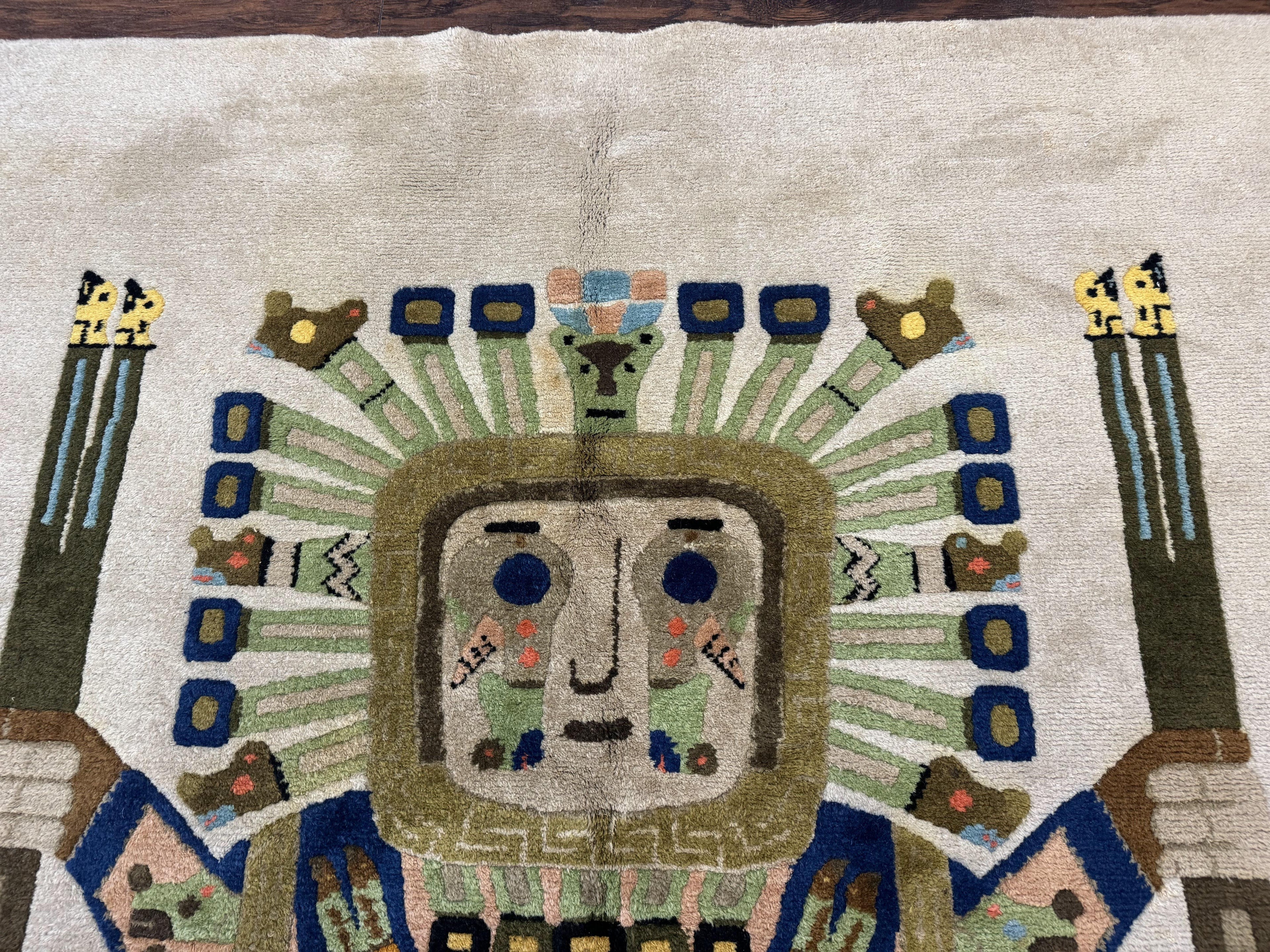 South American Rug 6x7, Unique Native American Design, Ivory, Ecuador Rug, Handmade Wool