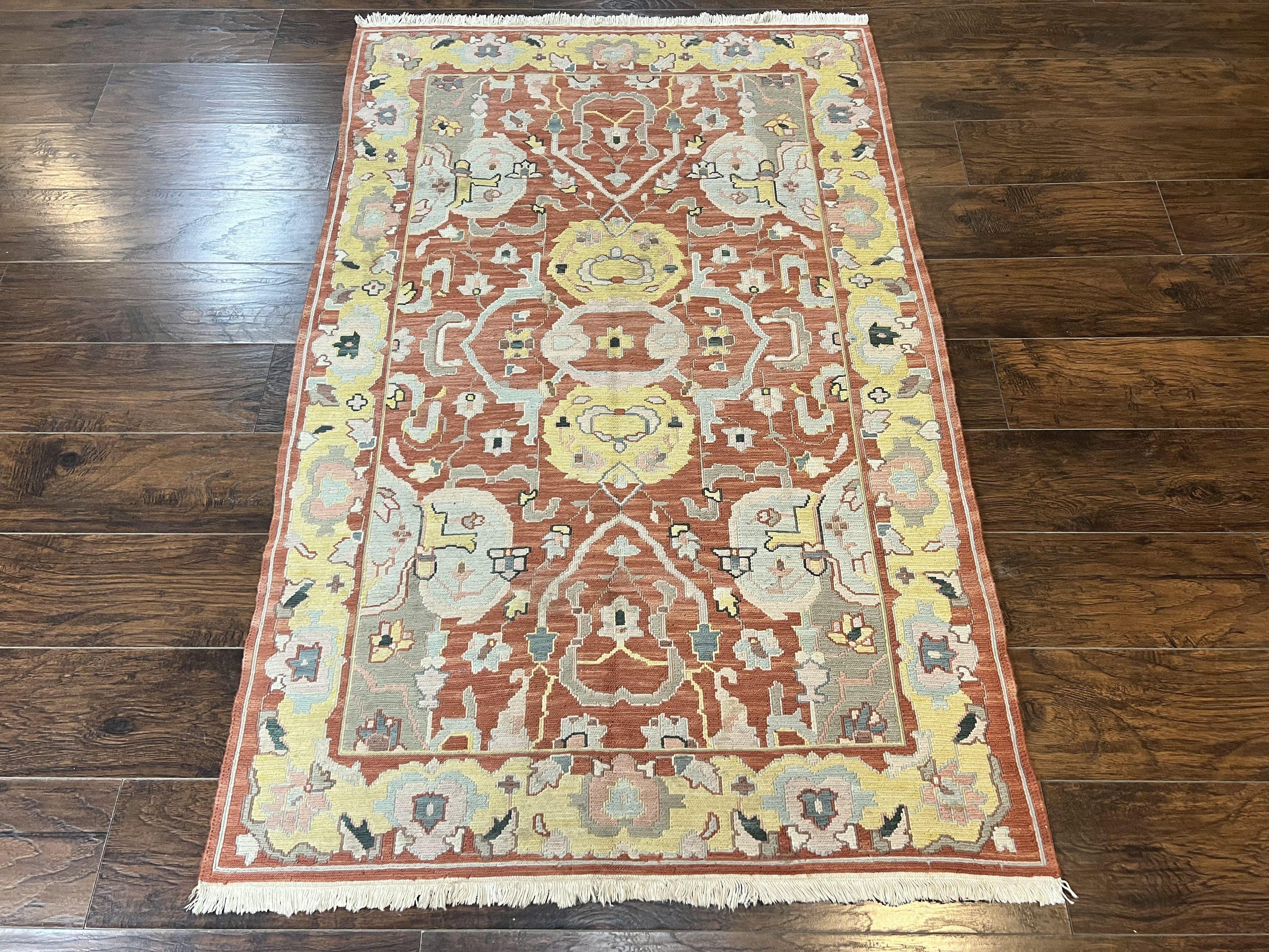 Turkish Flatweave Kilim Rug 4x6, Geometric Wool Handmade Carpet, Vintage