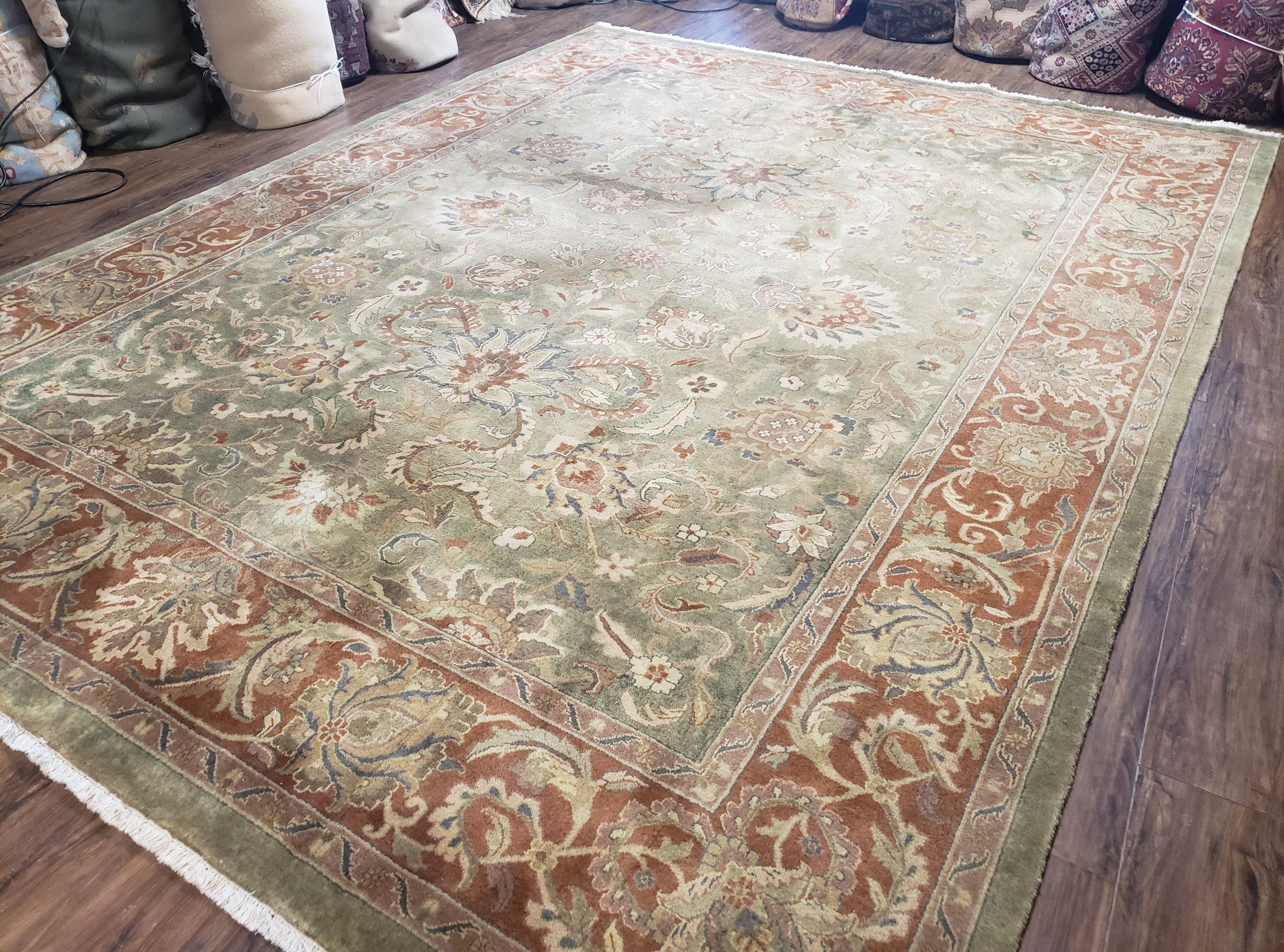 Green Indo Mahal Area Rug 9x12, Wool Hand-Knotted Carpet