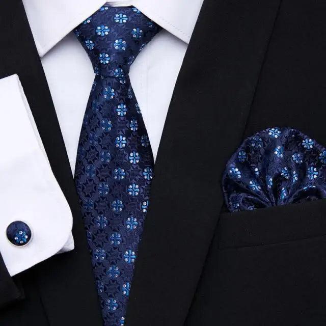 Business Men Silk Necktie Cufflinks Set Luxury Design Necktie With Handkerchief Necktie For Casual And Daily Wear Classic Men Flower Ties Wedding Handkerchief Cufflinks Set