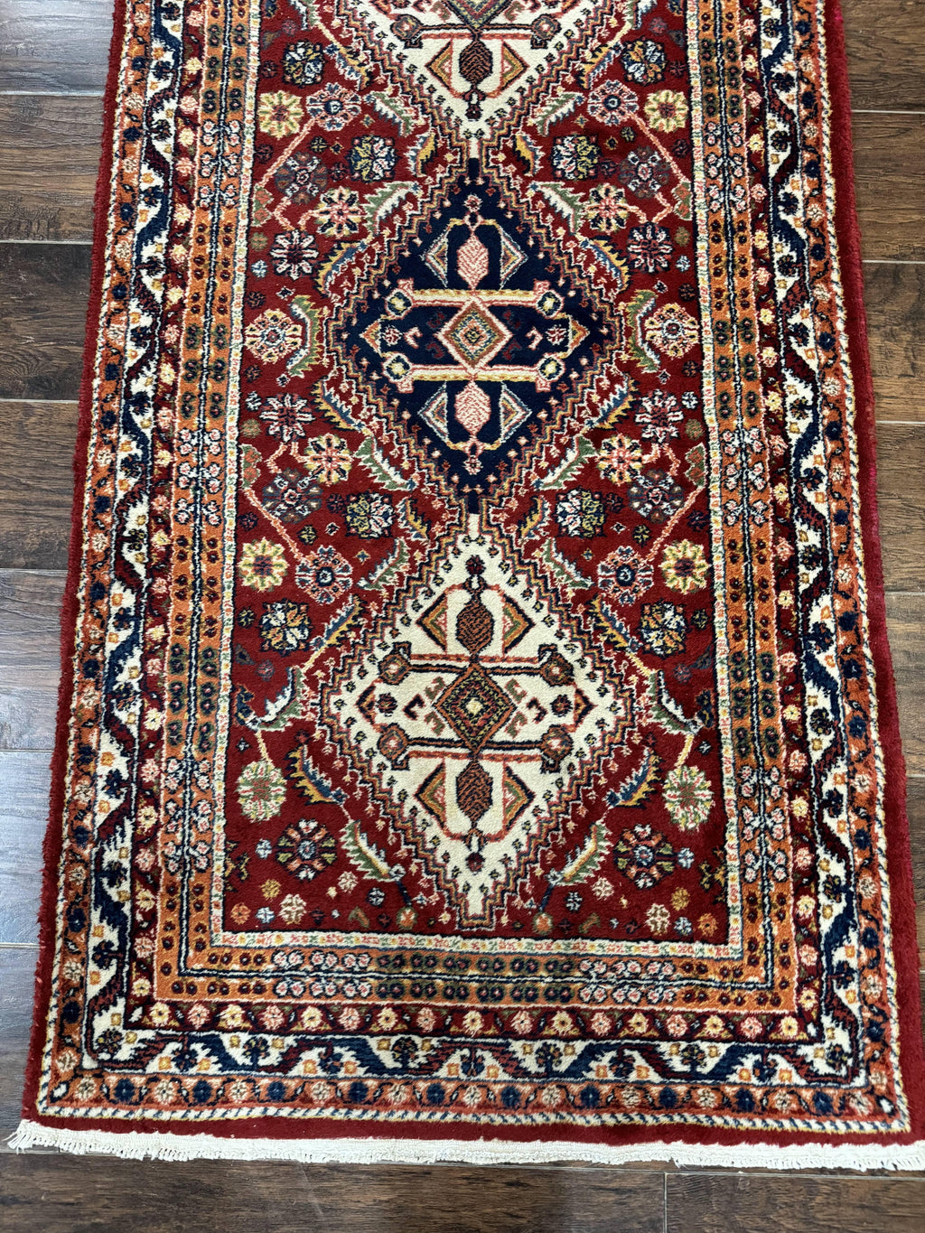 Antique Persian Qashqai Runner Rug 3 x 13 ft, Tribal Runner, Geometric Medallions, Red Ivory Blue, Wool