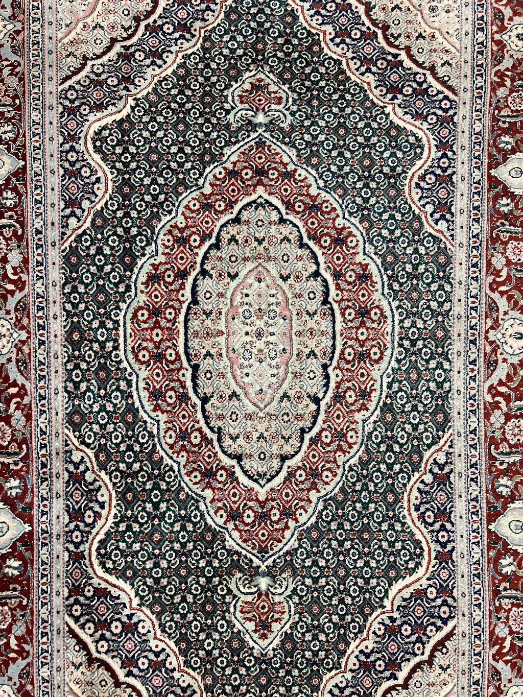 Sino Persian Rug 4x6, Wool with Silk Highlights, Fine Hand Knotted Carpet, Green & Maroon Red, Herati Medallion, Vintage Rug