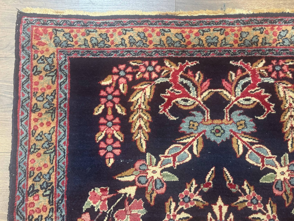 Antique Persian Kerman Rug 2.8 x 4, Navy Blue, Floral