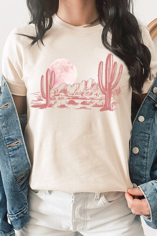 Pink Moon Night Desert Scene Cacti Graphic Tee T-Shirt