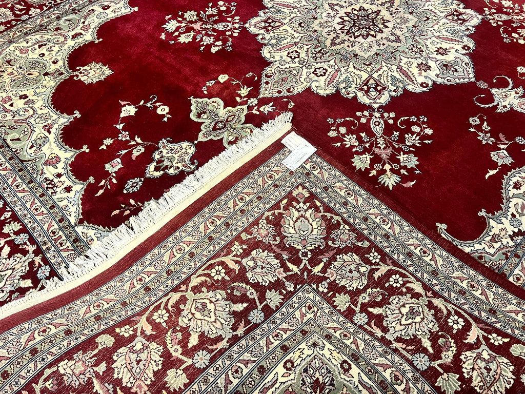 Pak Persian Rug 9x12, Handmade Vintage Traditional Wool Carpet, Floral Medallion, Dark Red Ivory/Cream, Fine 250 KPSI