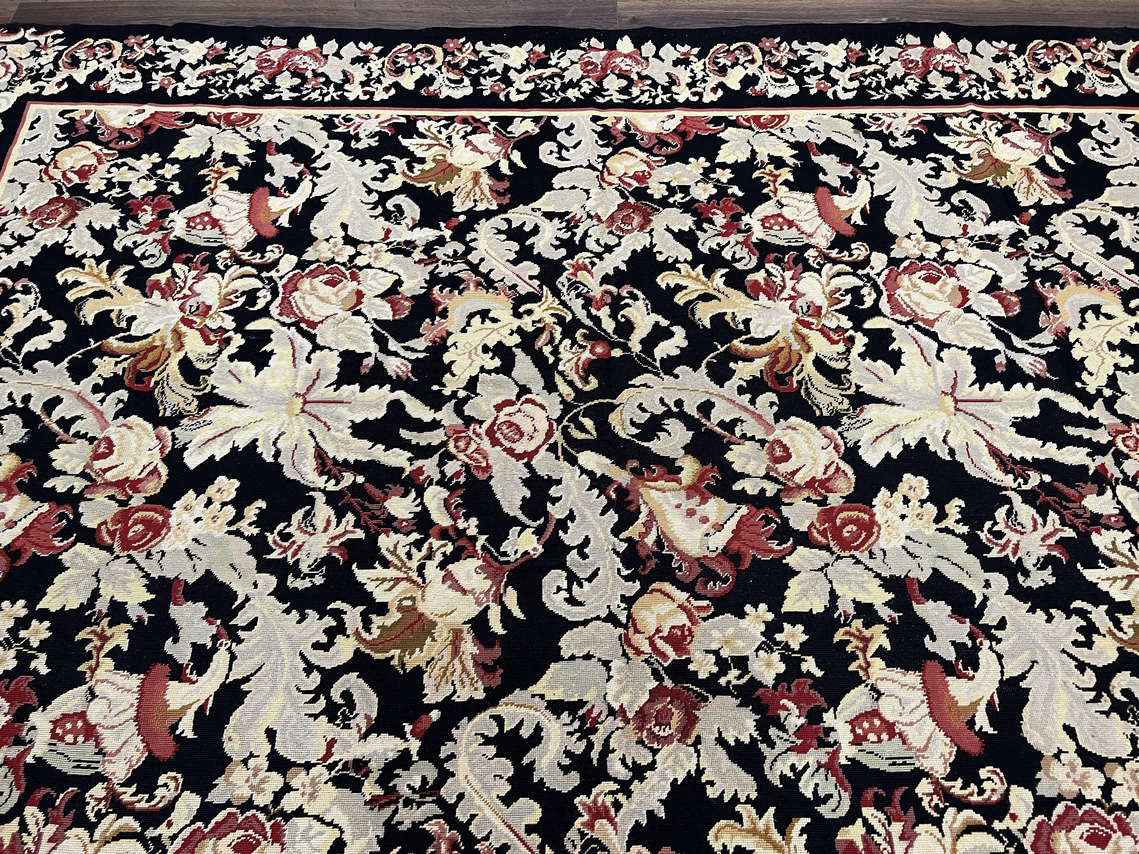 Wool Needlepoint Rug 9x12, William Morris Vintage Chinese Needlepoint Carpet 9 x 12, Handwoven, Allover Floral Area Rug, Black Light Green