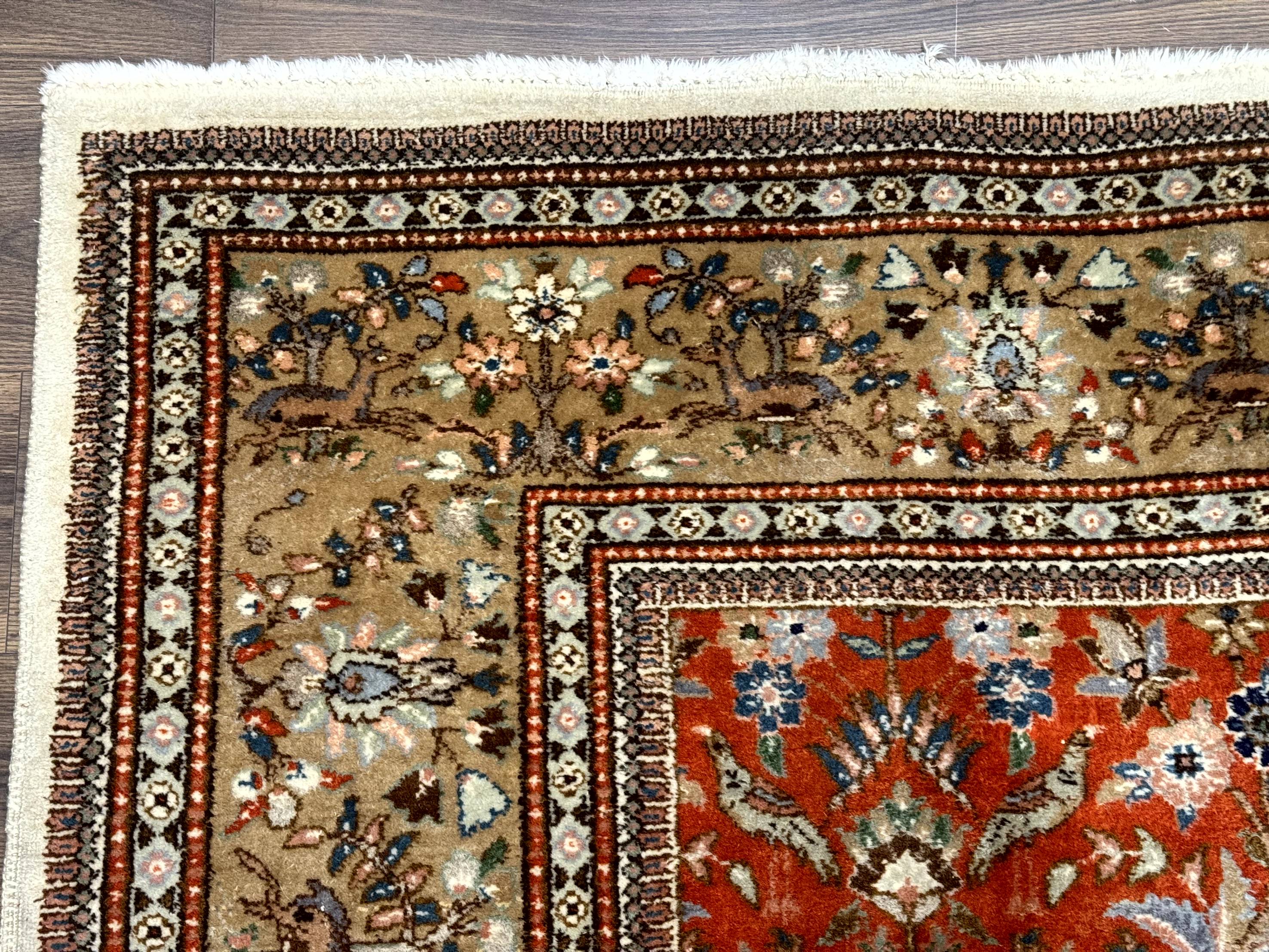 Persian Tabriz Rug 6x10, Burnt Orange and Tan, Animal Pictorials, Deer, Floral, Taba Tabae Carpet