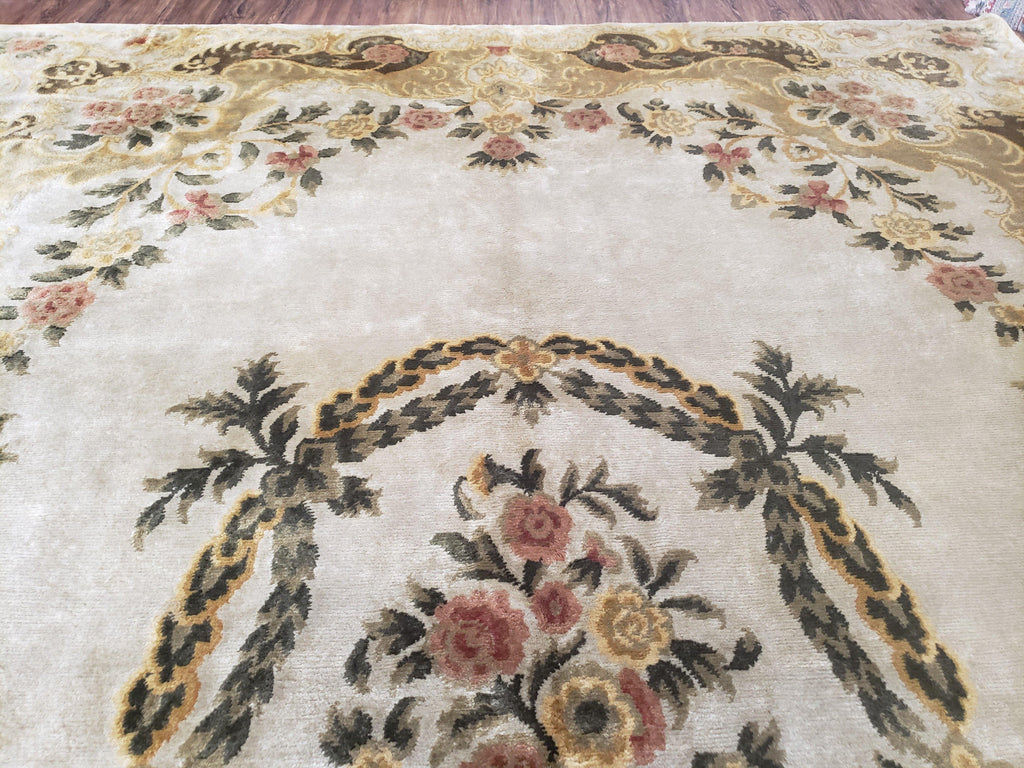 Aubusson Rug 10x14, Elegant French European Design, Vintage Handmade Carpet with Pile, Beige Floral Dining Room Rug, Living Room, Soft Wool
