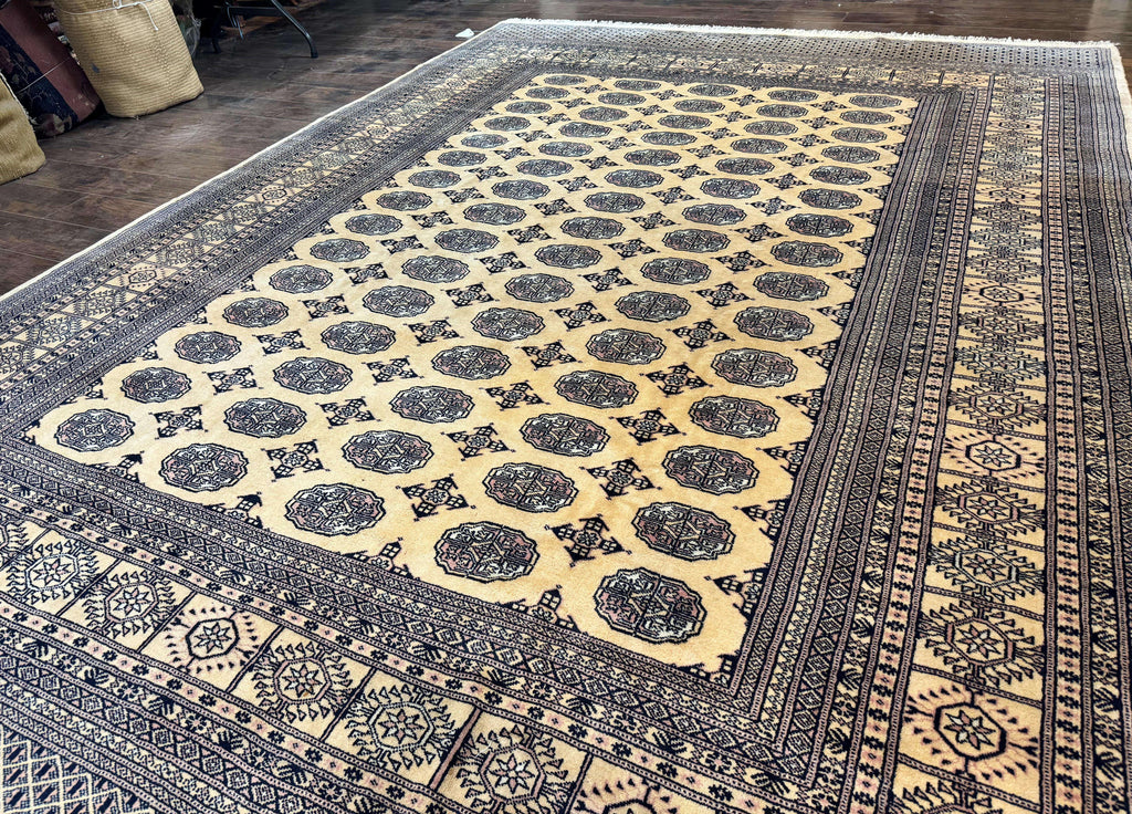 Pakistani Bokhara Turkoman Rug 9x11, Cream, Handmade Wool Vintage Carpet