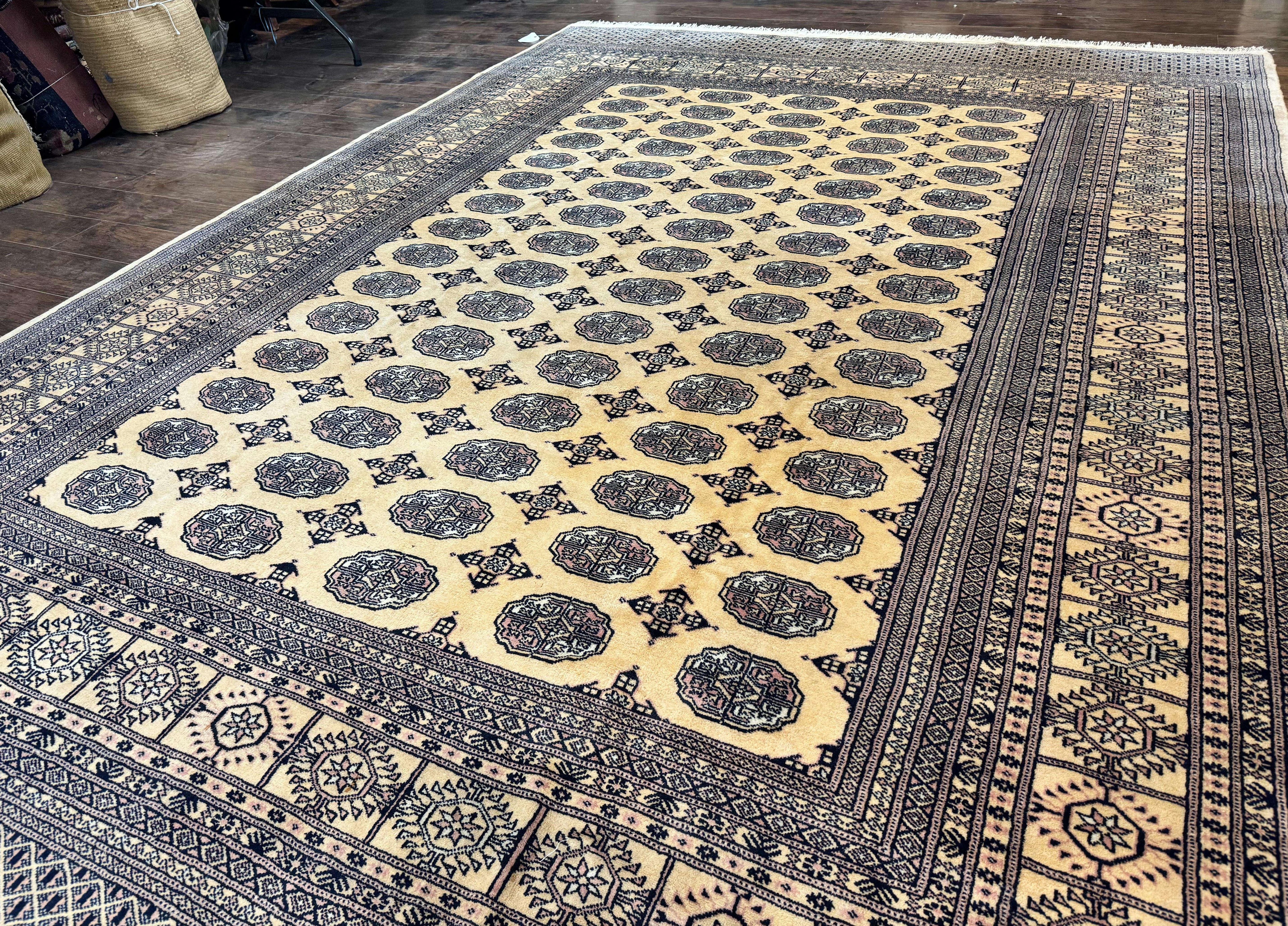 Pakistani Bokhara Turkoman Rug 9x11, Cream, Handmade Wool Vintage Carpet