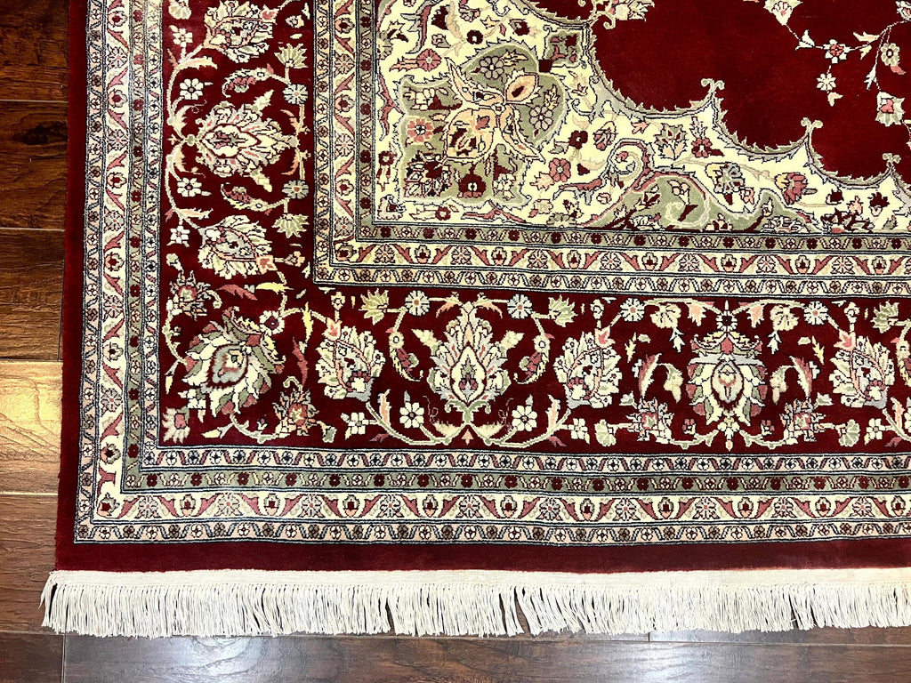 Pak Persian Rug 9x12, Handmade Vintage Traditional Wool Carpet, Floral Medallion, Dark Red Ivory/Cream, Fine 250 KPSI