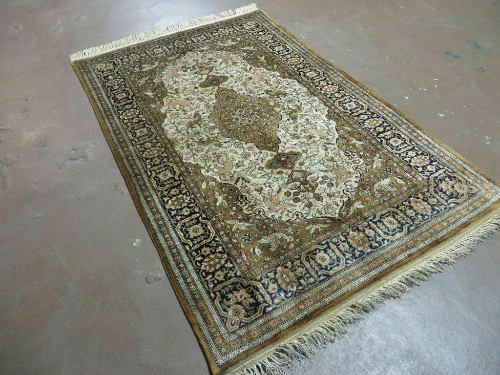 Handmade Silk Rug 3x5, Vintage Antique Silk Carpet, Hand-Knotted Oriental Rug 3 x 5, Animal Motifs, Deer Birds, One-Of-A-Kind