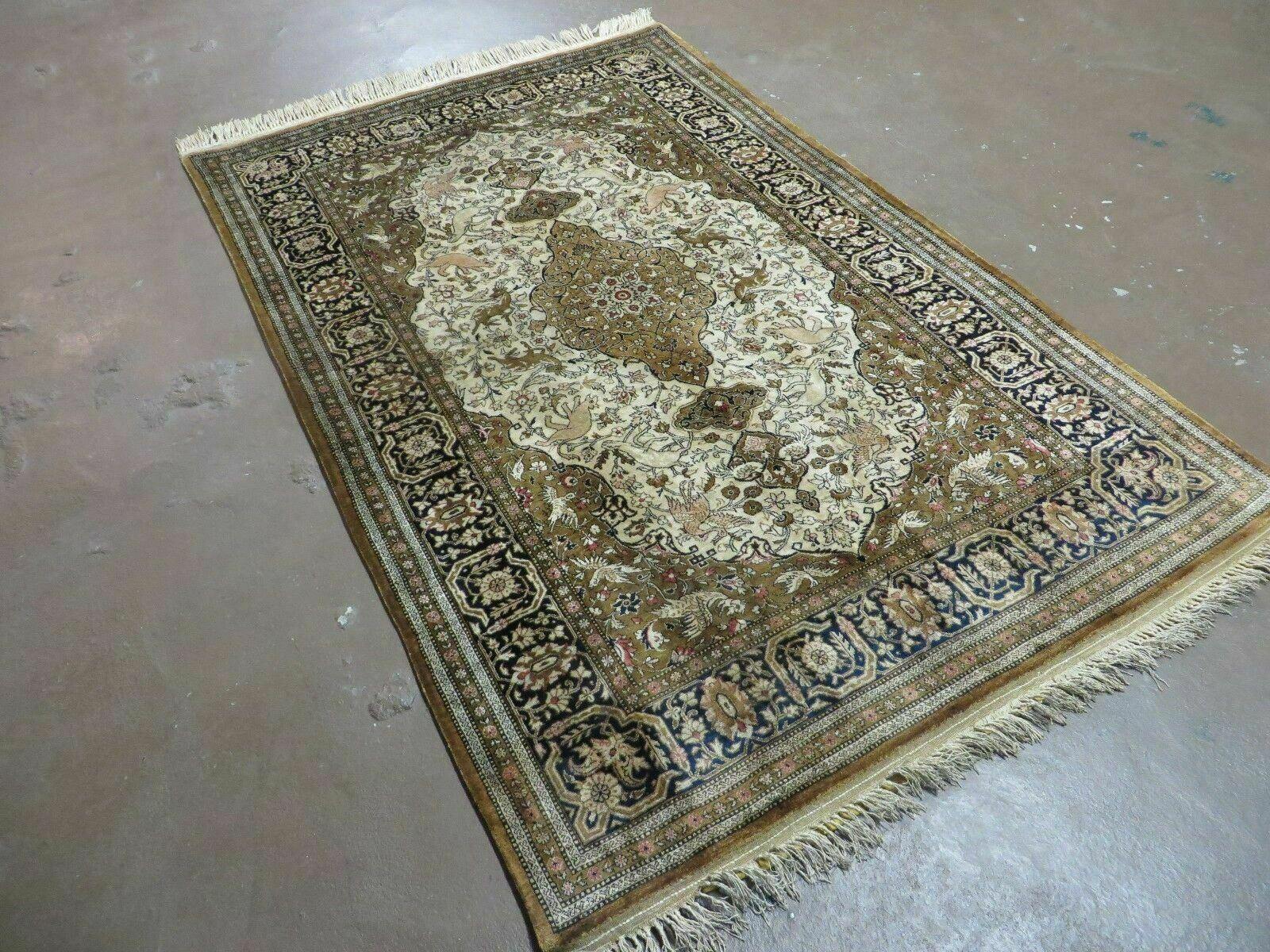 Handmade Silk Rug 3x5, Vintage Antique Silk Carpet, Hand-Knotted Oriental Rug 3 x 5, Animal Motifs, Deer Birds, One-Of-A-Kind