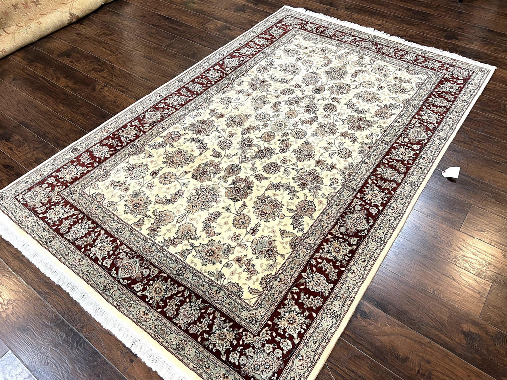 Pak Persian Rug 6x9, Floral Allover Carpet 6 x 9 ft, Cream and Maroon Hand Knotted Wool and Silk Fine Oriental Rug, Traditional Vintage Rug