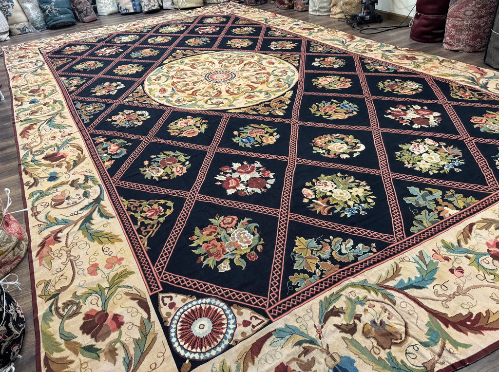 Palace Size Needlepoint Rug 12x20, European French English Aubusson Floral Design, Black and Beige