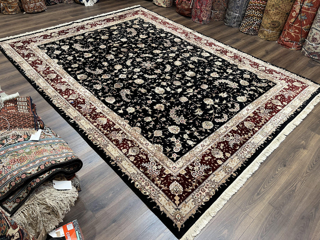 Sino Persian Rug 9x12, High Quality Oriental Carpet, Black and Maroon, Wool and Silk, Allover Floral Pattern, Hand Knotted, Vintage Rug Nice