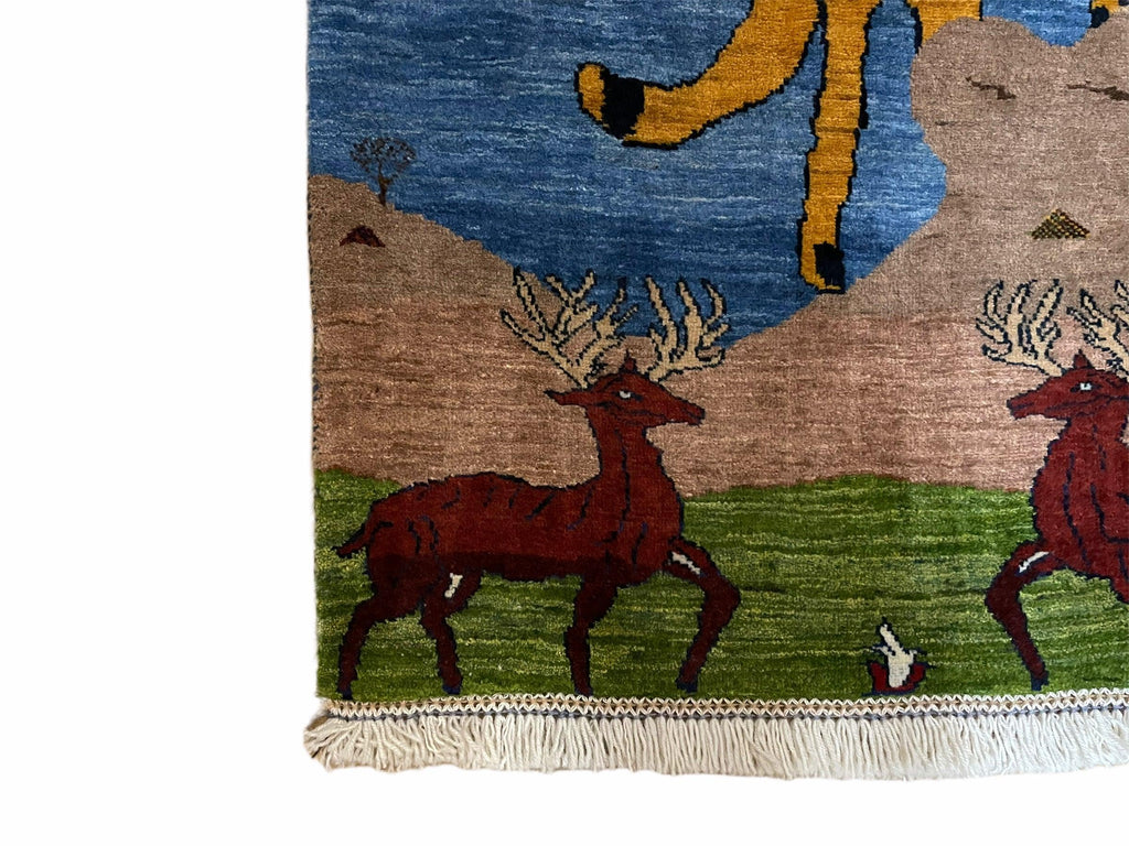 3 x 5 Handmade New Vintage Wool Blue Rug Leopard Lion Jaguar Deer Organic Dyes