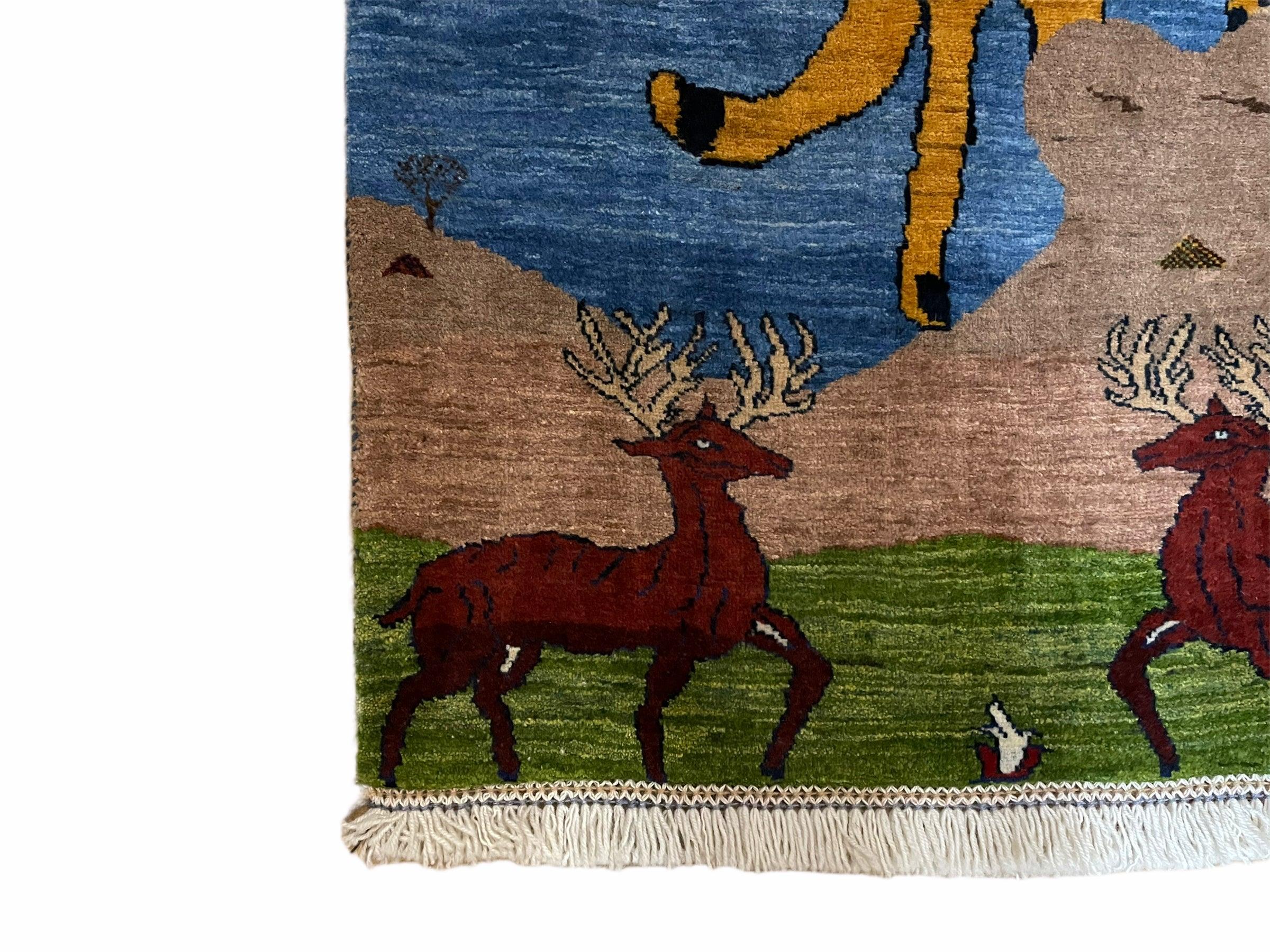 3 x 5 Handmade New Vintage Wool Blue Rug Leopard Lion Jaguar Deer Organic Dyes