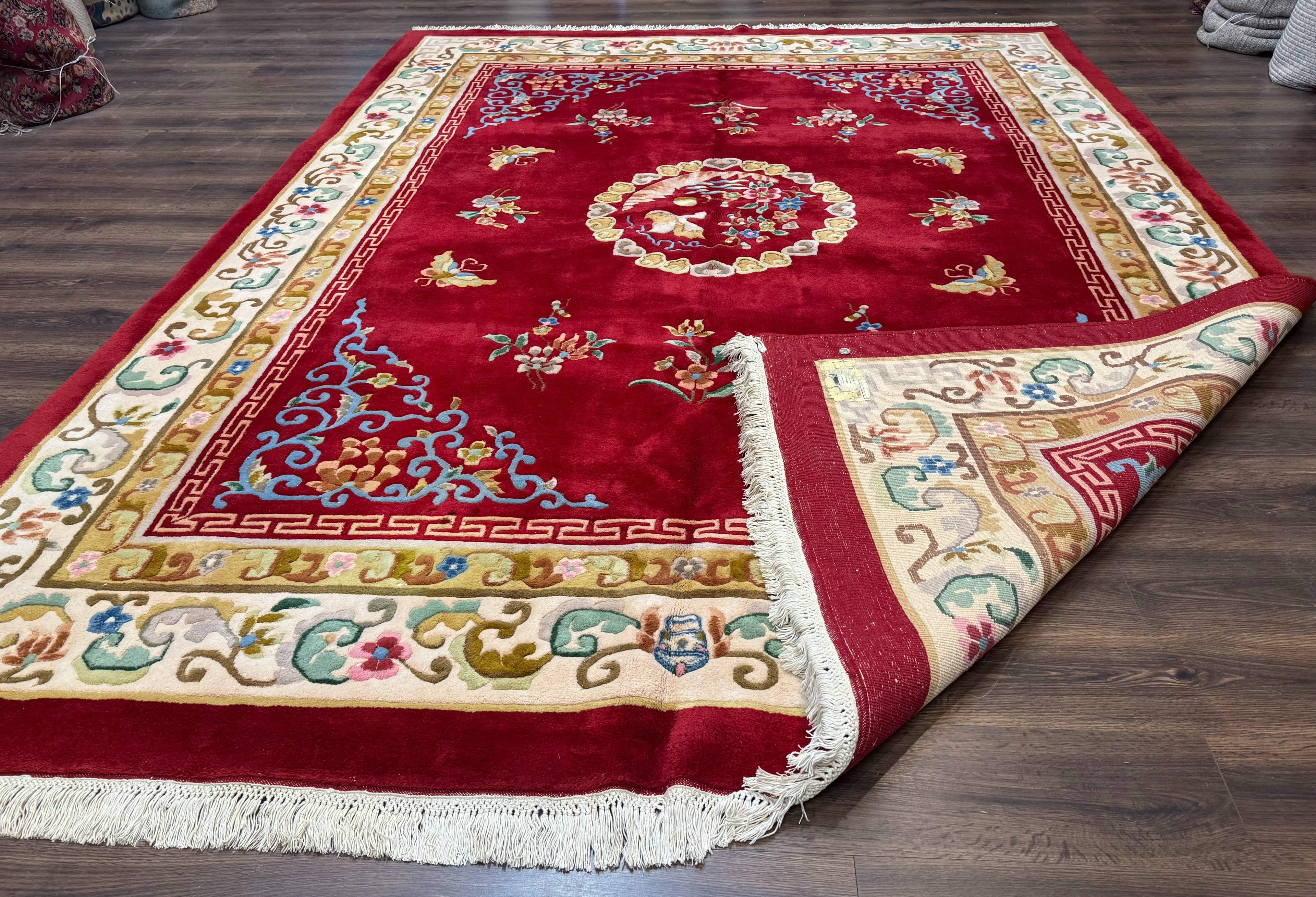 Indo Chinese Wool Rug 9x12, Red Art Deco Carpet, Vintage