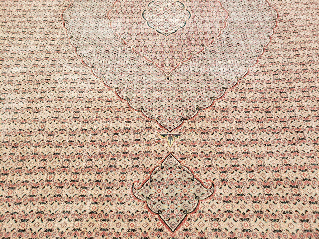 Stunning Oversized Pak Persian Oriental Rug 12x15, Hand Knotted Wool & Silk Palace Sized Carpet, Mahi Pattern, Very Fine, Peach Beige, Wow