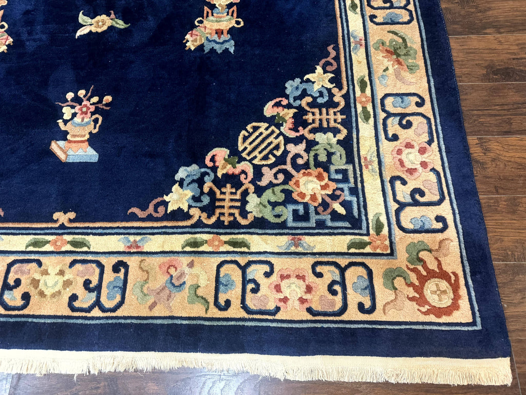 Chinese Wool Rug 8x11, Navy Blue and Beige, Simple Design, Fete Carpet