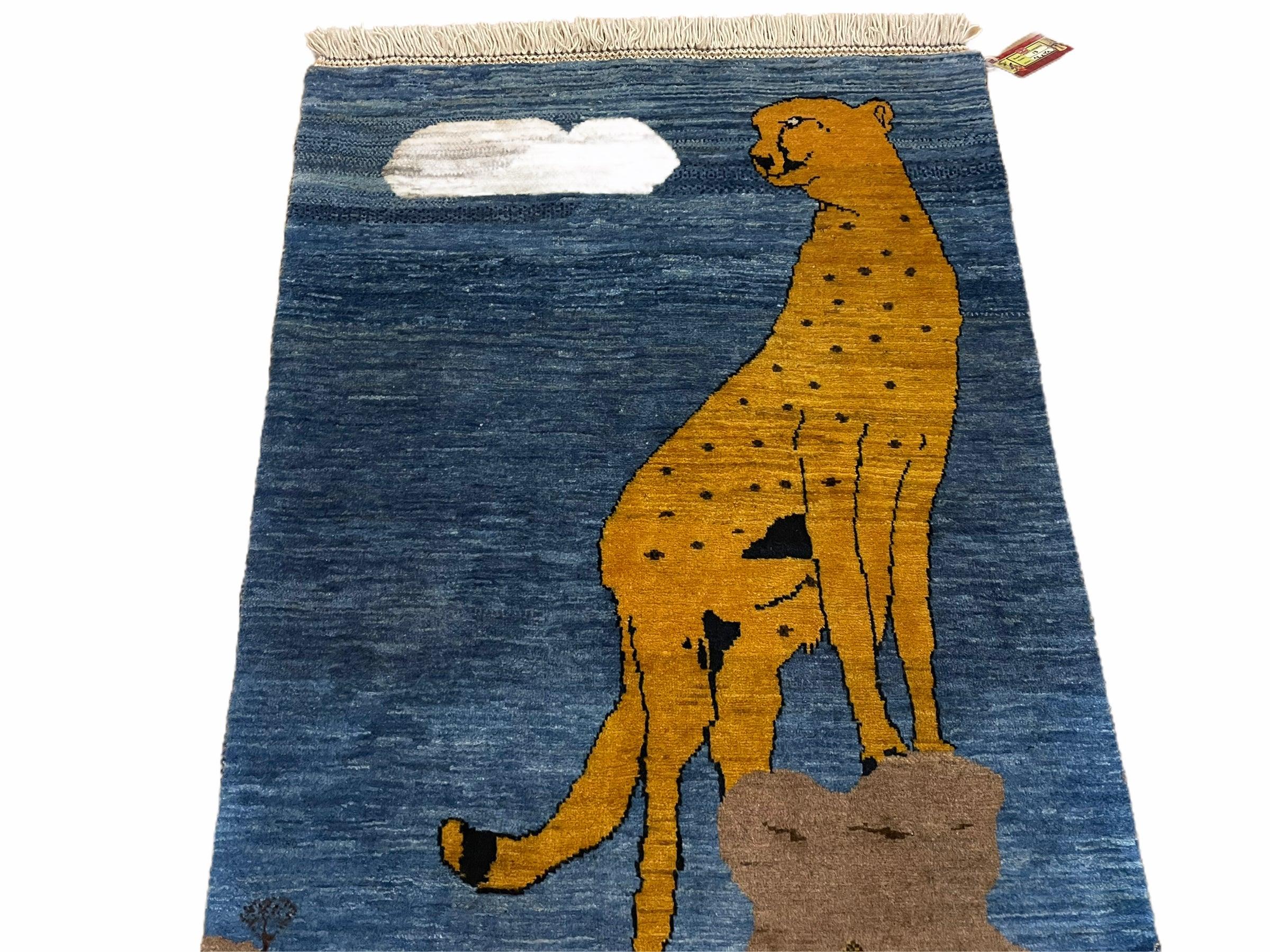 3 x 5 Handmade New Vintage Wool Blue Rug Leopard Lion Jaguar Deer Organic Dyes