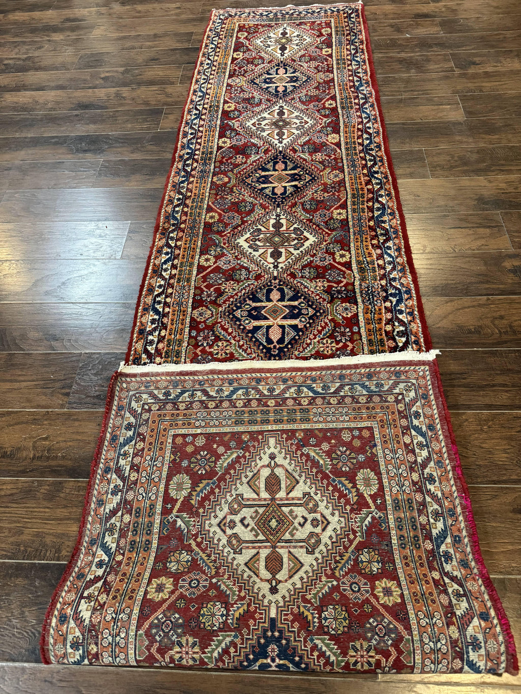Antique Persian Qashqai Runner Rug 3 x 13 ft, Tribal Runner, Geometric Medallions, Red Ivory Blue, Wool