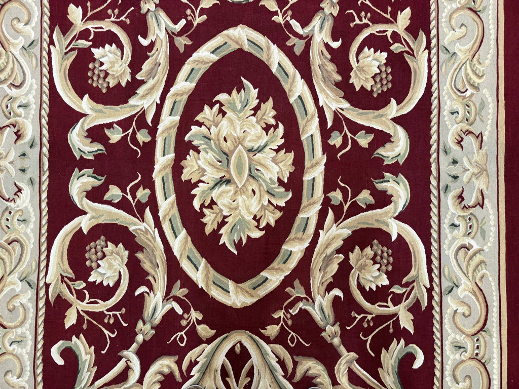 Burgundy Aubusson Rug 6x9, Vintage Wool Carpet