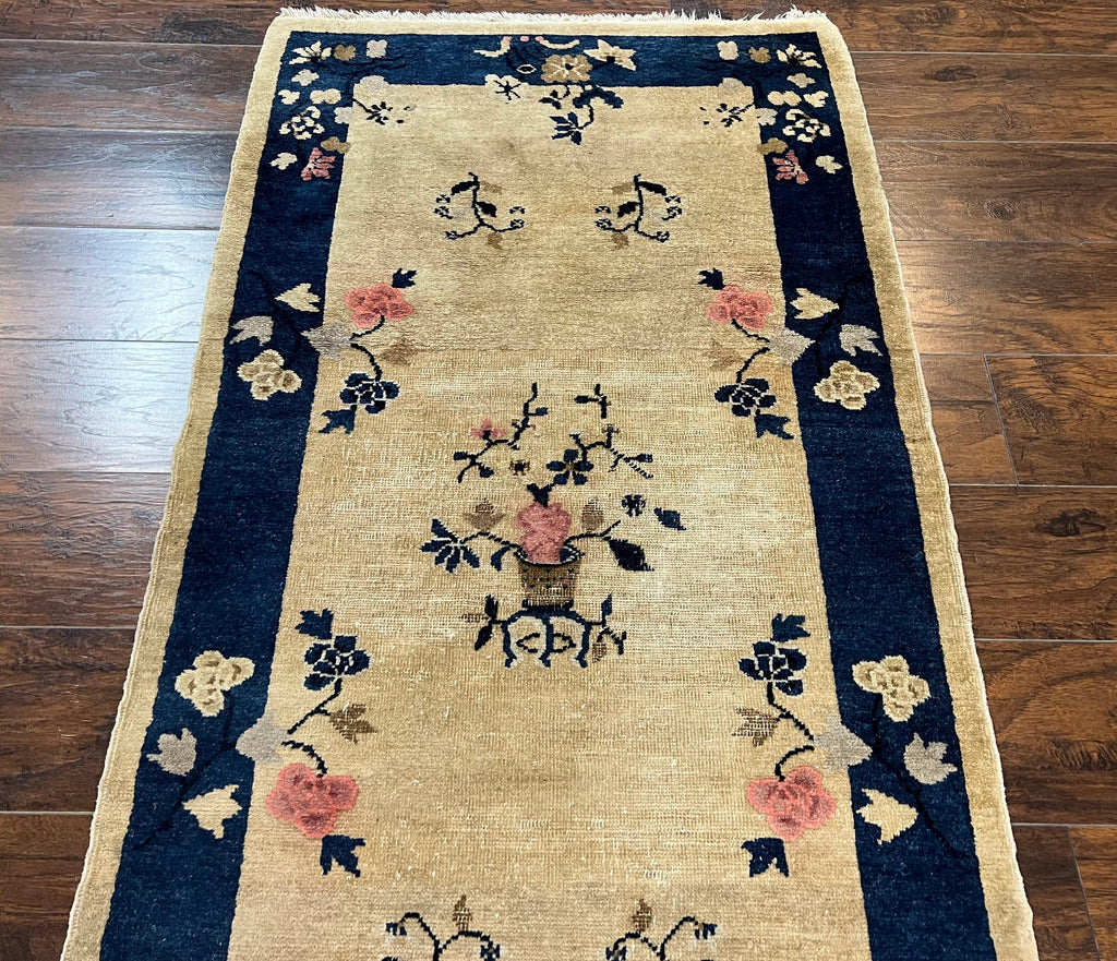 Antique Chinese Peking Rug 3x6, Beige and Dark Blue Hand Knotted Handmade Asian Oriental Carpet, Floral Vases, Vintage Wool Art Deco Rug