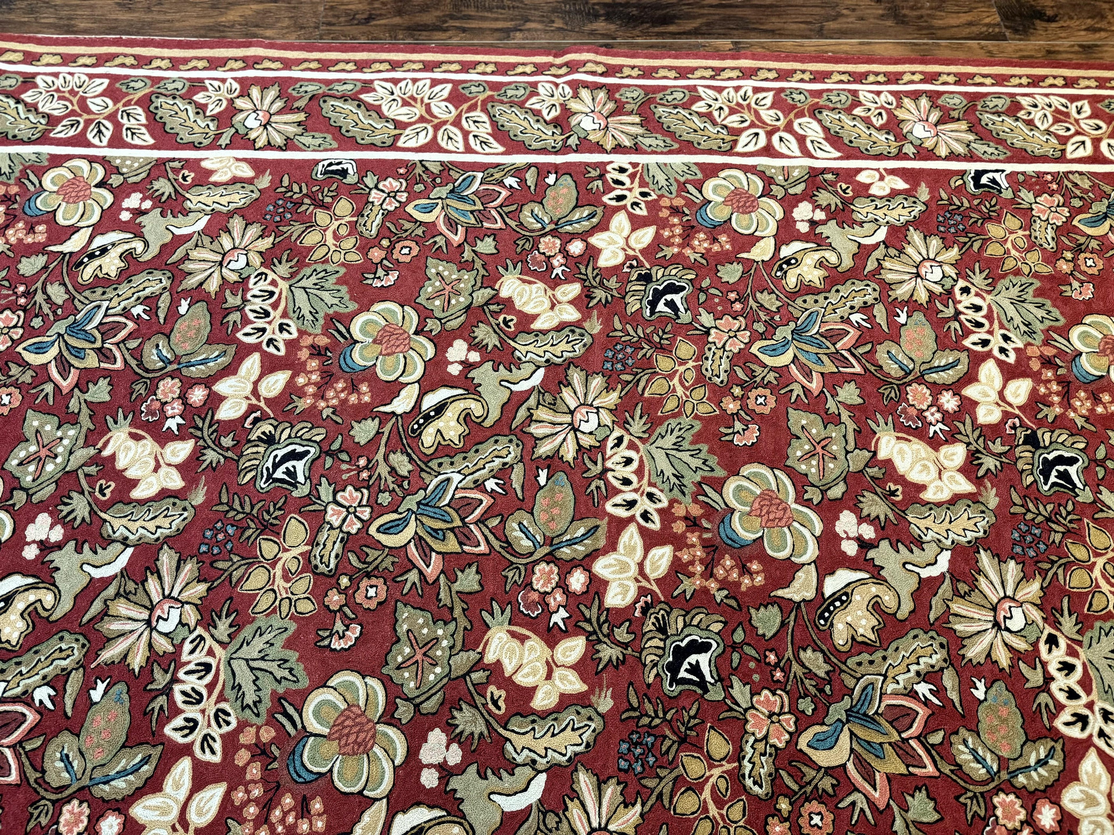 Indian Hand Stitched Rug 8x10, Large Vintage Floral Handmade Carpet, Dark Red Multicolor