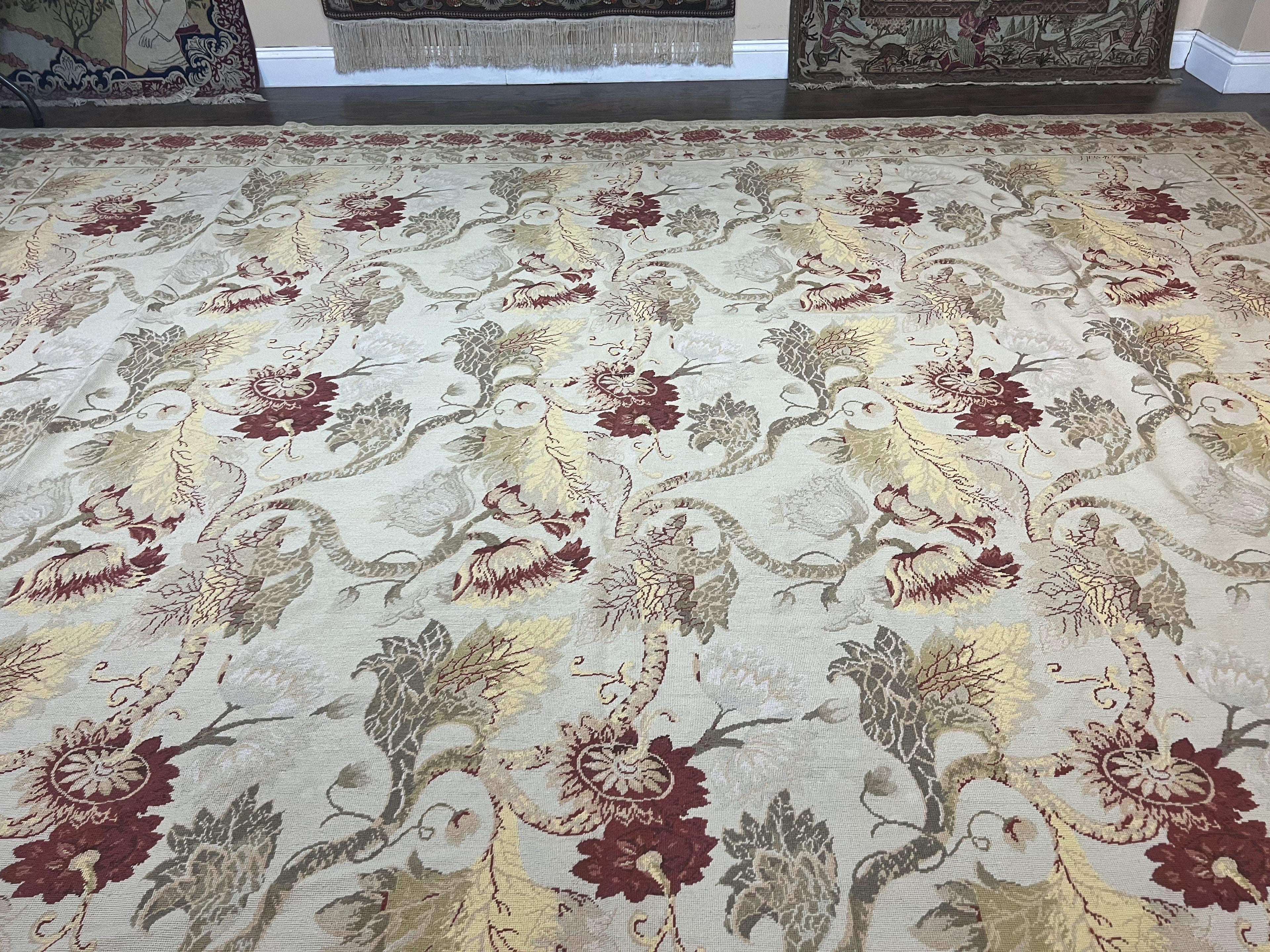 Extra Large Needlepoint Rug 14 x 20, Vintage Handwoven Handmade Wool Flatweave Carpet, Allover Floral Pattern, Elegant European Deisgn Rug