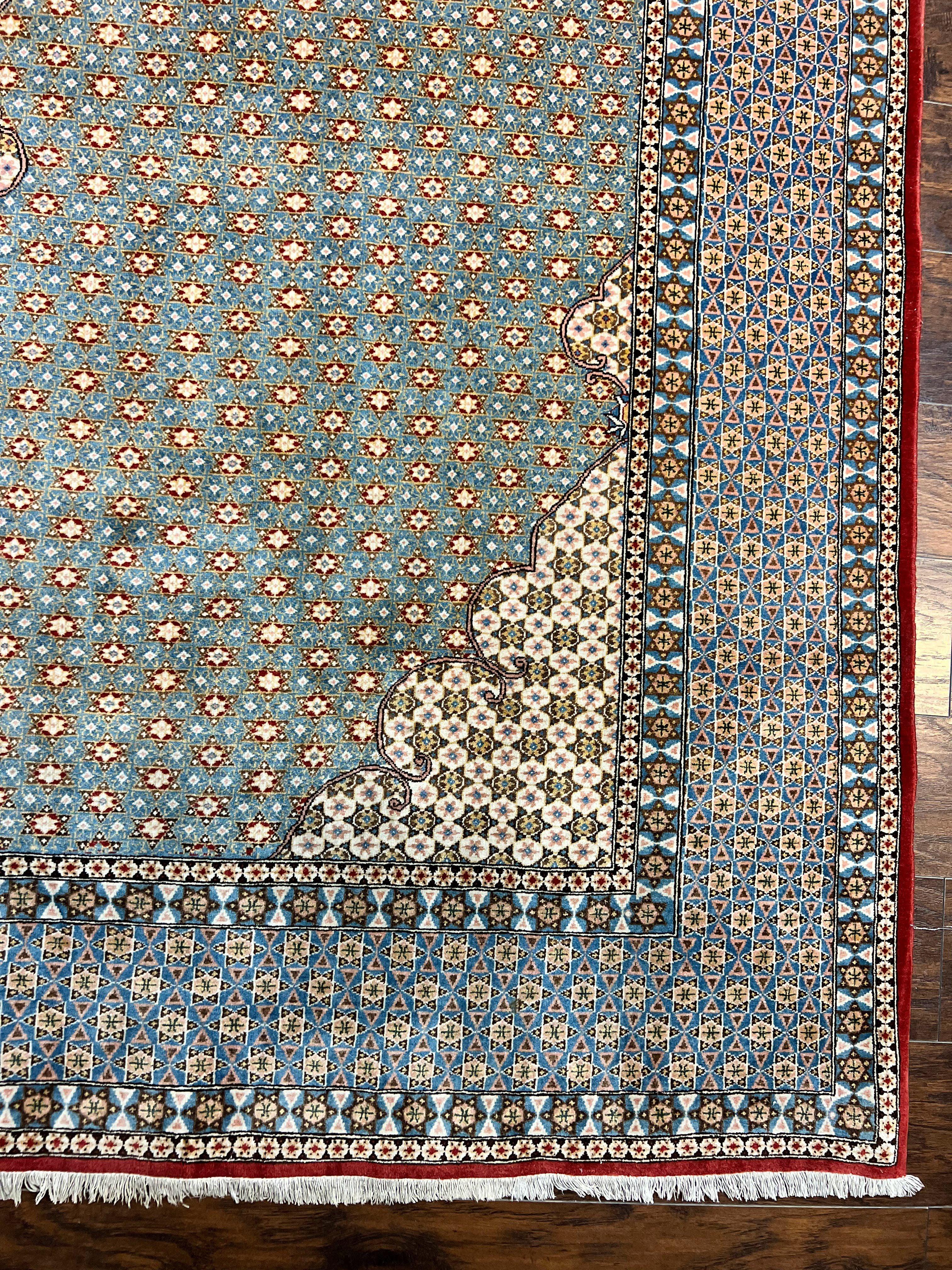 Rare Persian Rug 8x12, Qum Rug, Repeated Star Motifs, Blue and Ivory, Fine 300 KPSI, Hand Knotted Handmade Vintage Wool Rug