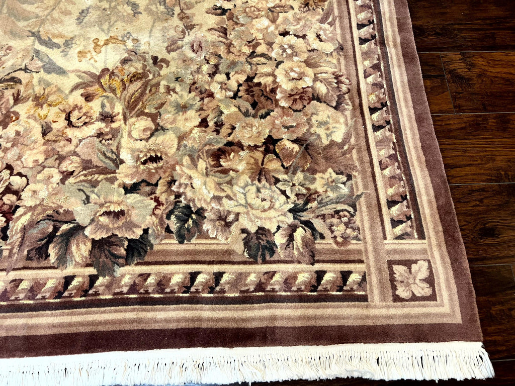 Aubusson Wool Rug 9x11, Wool with Silk Highlights, European Design, Vintage, Handmade, Floral, Fine 210 KPSI