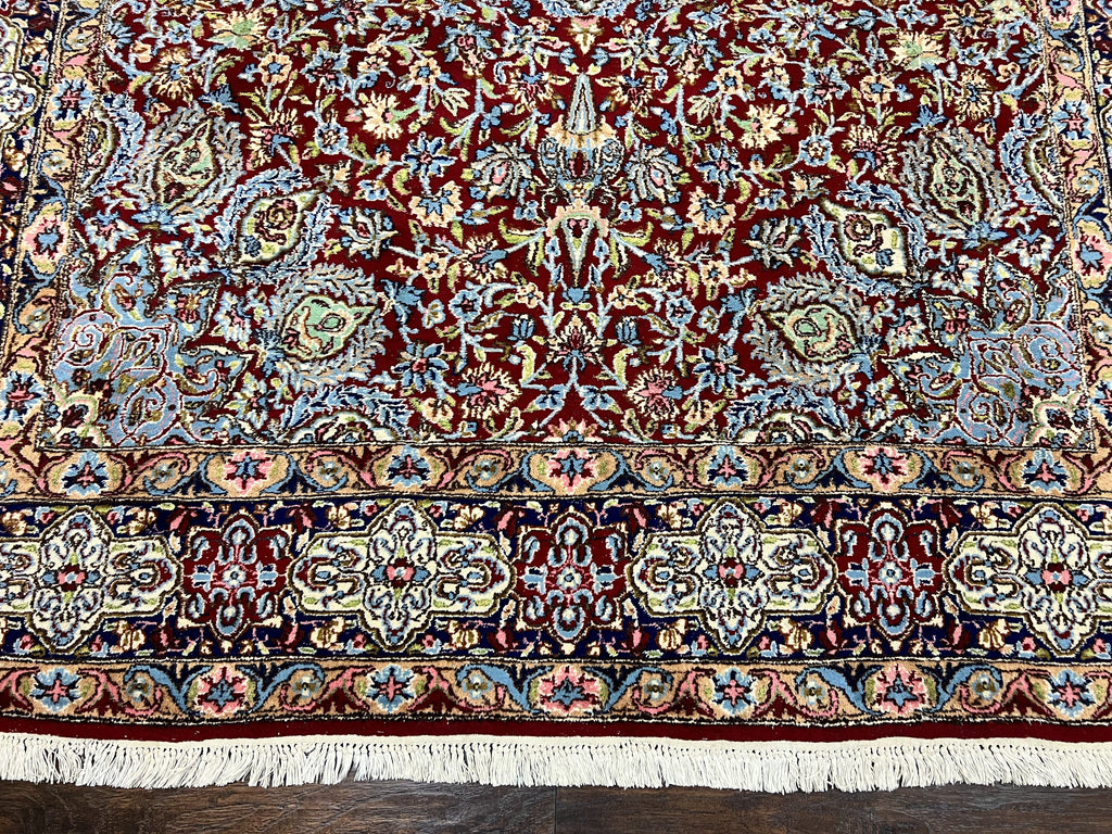 Persian Kirman Rug 7x10, Hand Knotted Wool Floral Medallion Carpet, Dark Red
