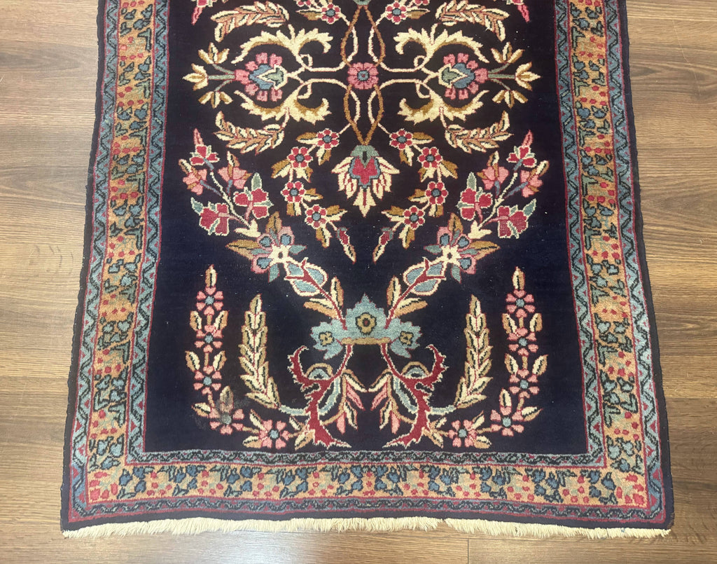 Antique Persian Kerman Rug 2.8 x 4, Navy Blue, Floral
