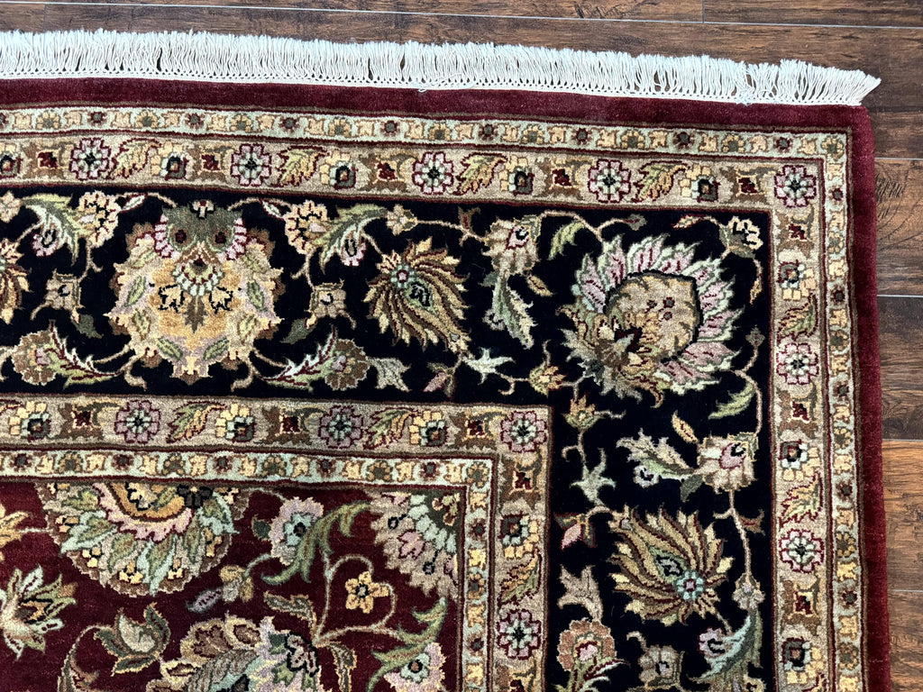Indian Agra Rug 10x14, Traditional Oriental Carpet, Room Sized Wool Area Rug, Floral, Maroon