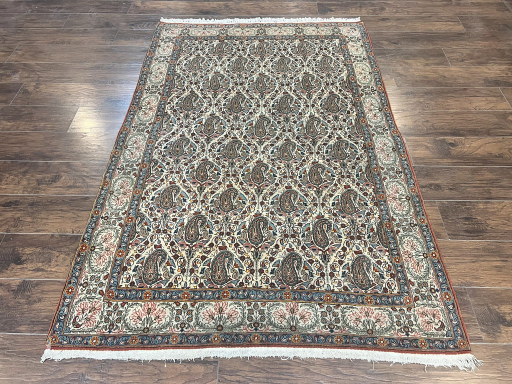 Persian Qum Rug 5x6, Cream Wool Hand Knotted Carpet, Repeated Boteh Paisely Design, Semi Antique Vintage Rug, Very Fine Weave 5 x 6 Rug