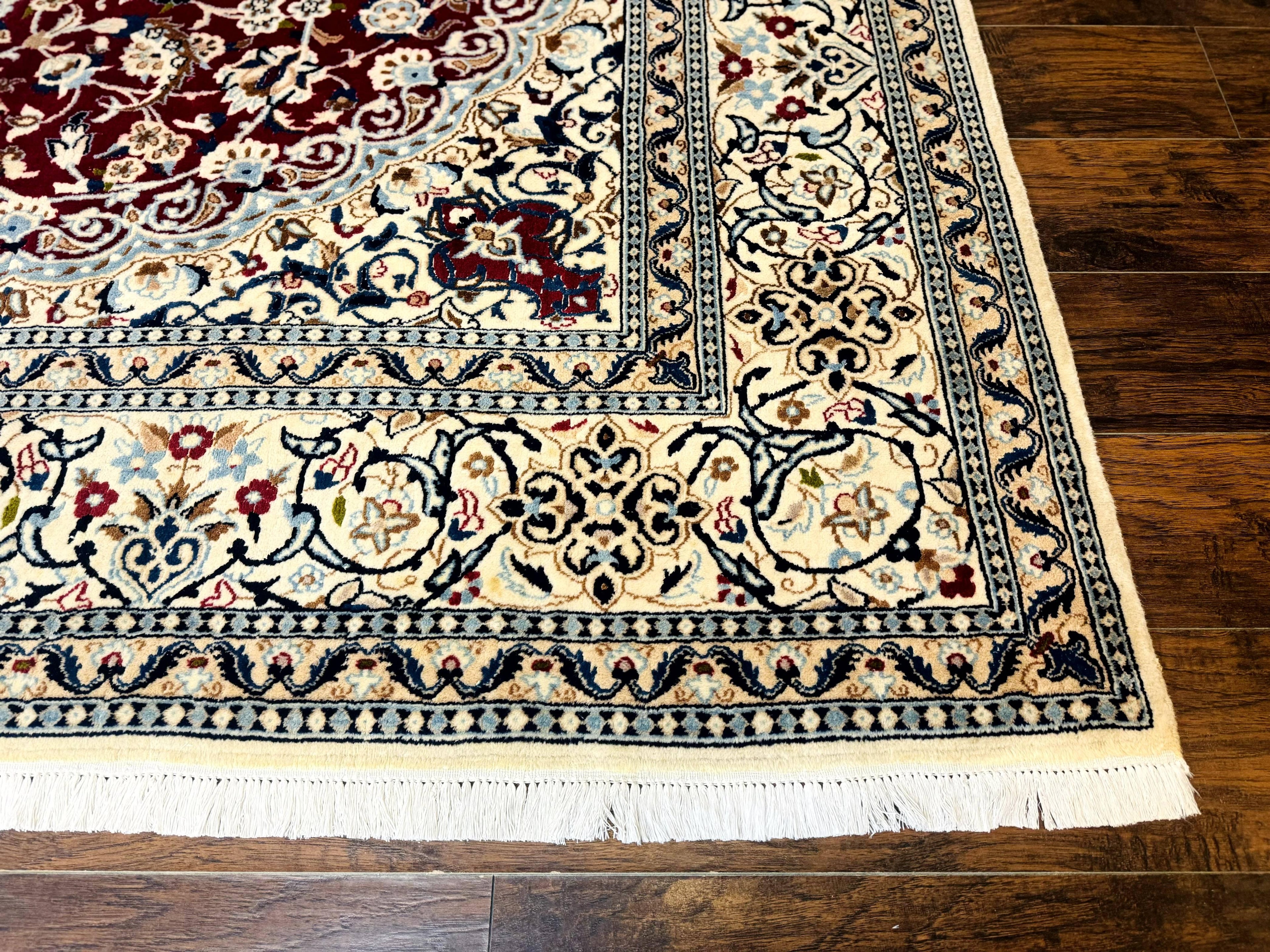 Persian Nain Rug 8x11, Wool and Silk Highlights, Burgundy & Ivory