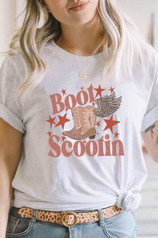 Boot Scootin Winged Cowboy Boots Stars Graphic Tee T-Shirt