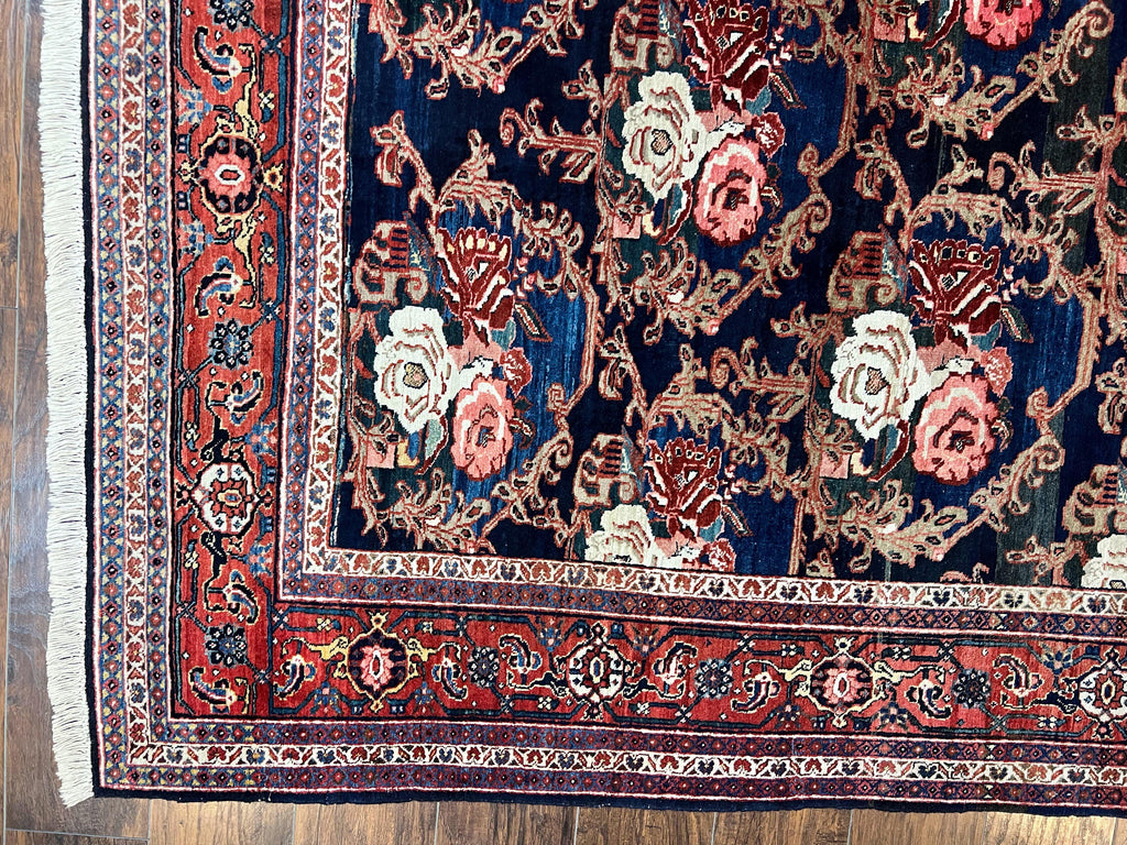 Persian Bidjar Rug 8x11, Floral Bouquets, Blue Black Red Pink, Handmade Hand Knotted Vintage Semi Antique Oriental Carpet