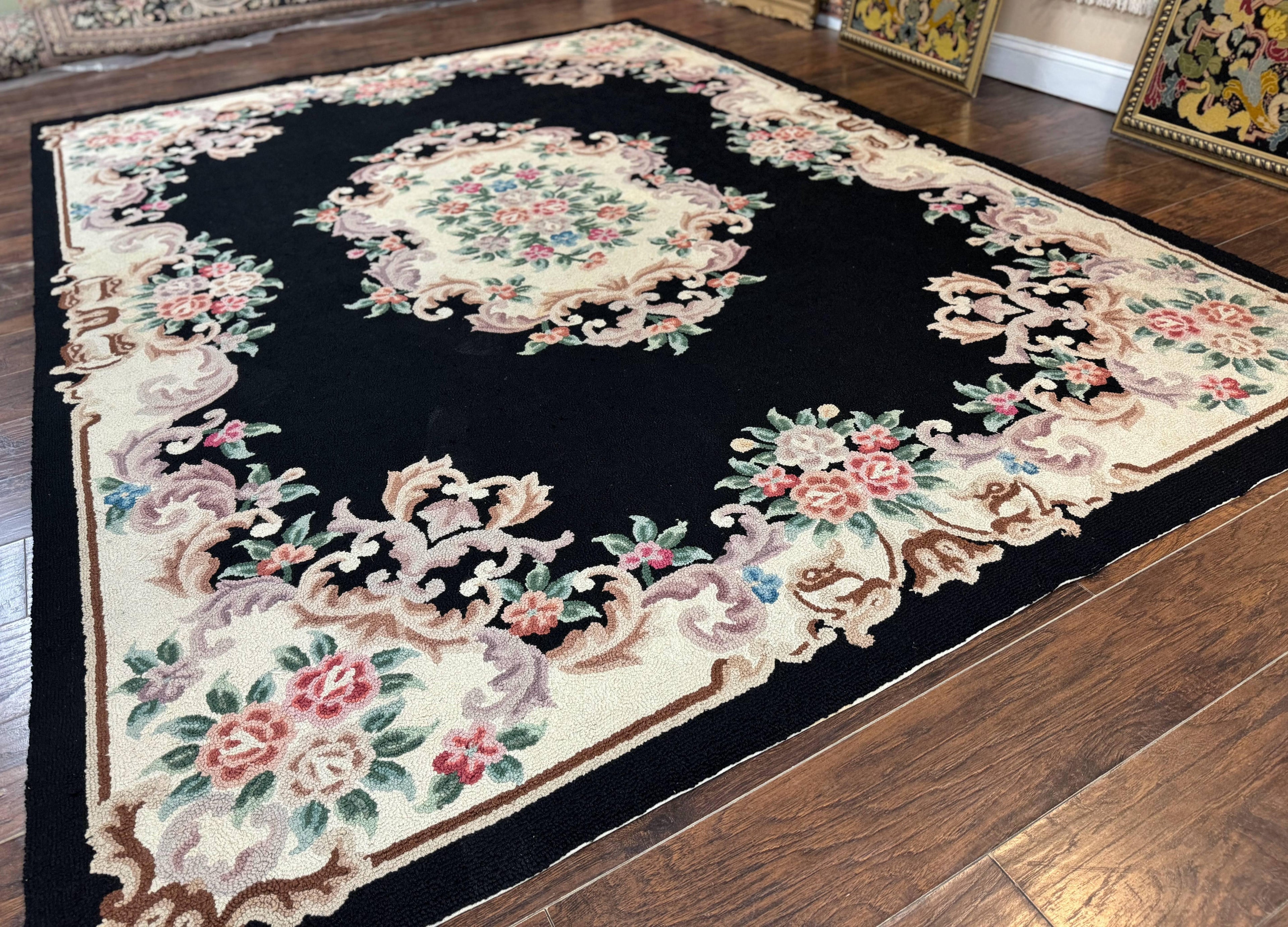 Aubusson Rug 8x11, Black and Ivory, Hooked Rug, Vintage, Wool