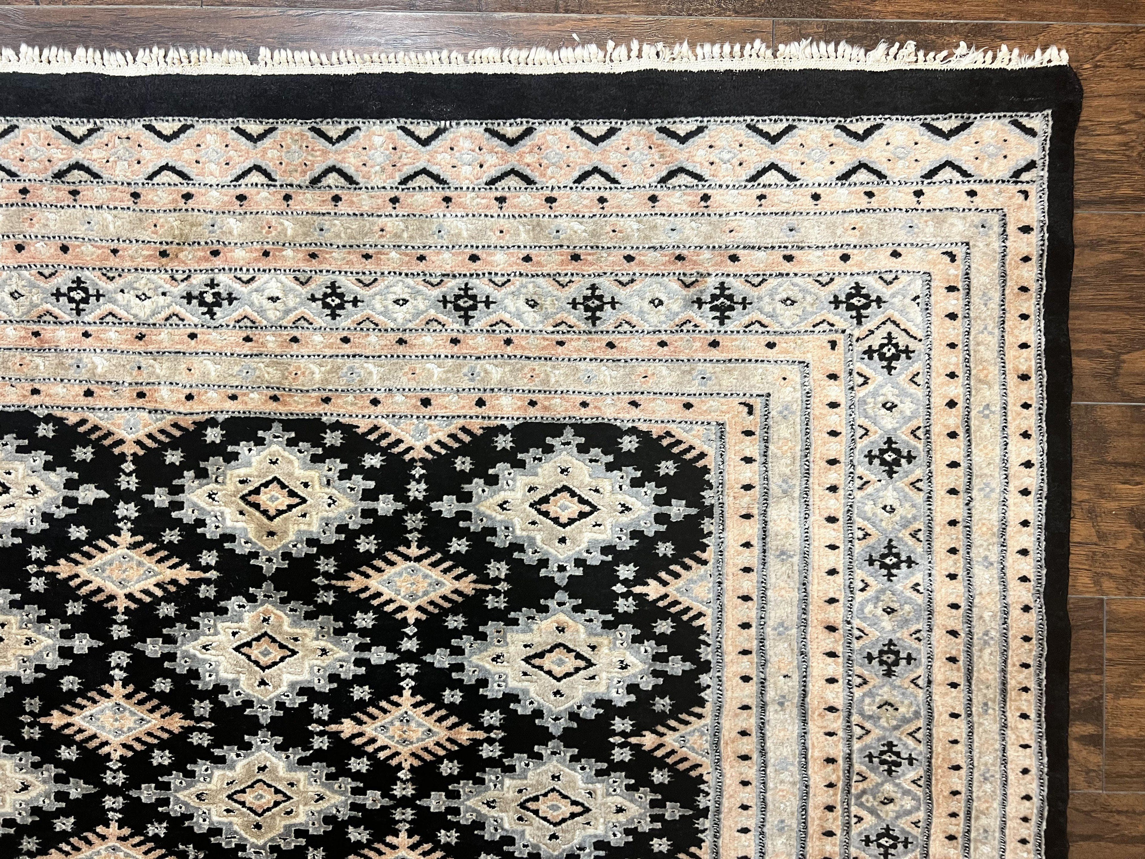 Pakistani Bokhara Rug 6x9, Hand Knotted Vintage Wool Carpet with Silk Highlights, Very Fine 320 KPSI, Medium Size