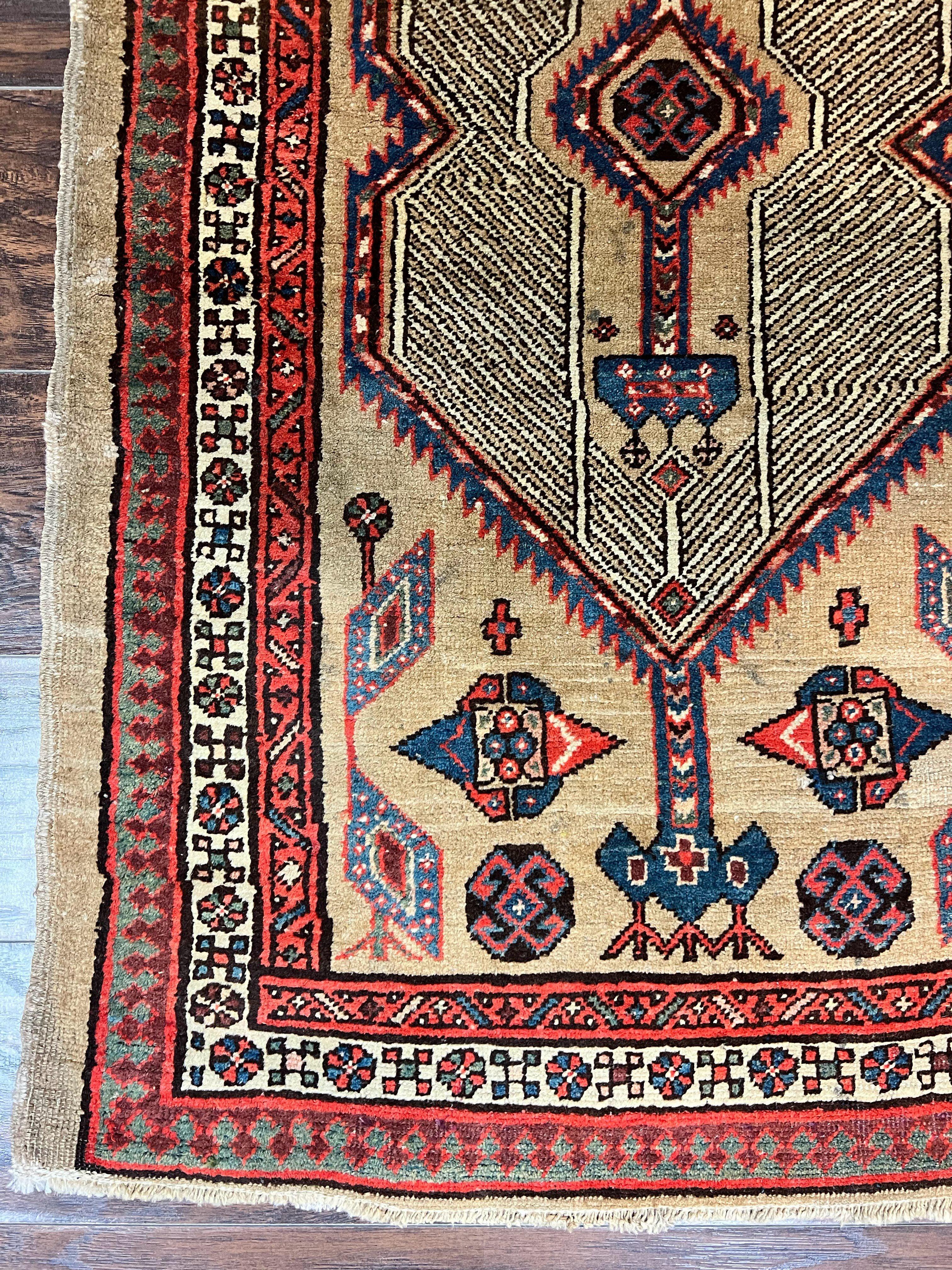 Antique Persian Runner 3 x 7, Camel Hair Runner 3x7 ft, Handmade Hallway Rug, Geometric Design, Tribal Rug, Persian Sarab Rug 3x7