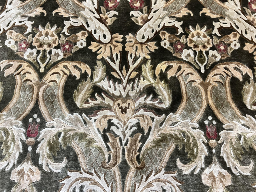 Tibetan Rug 8x10, European Design, Floral, Green, Handmade, Wool, Nepali Rug