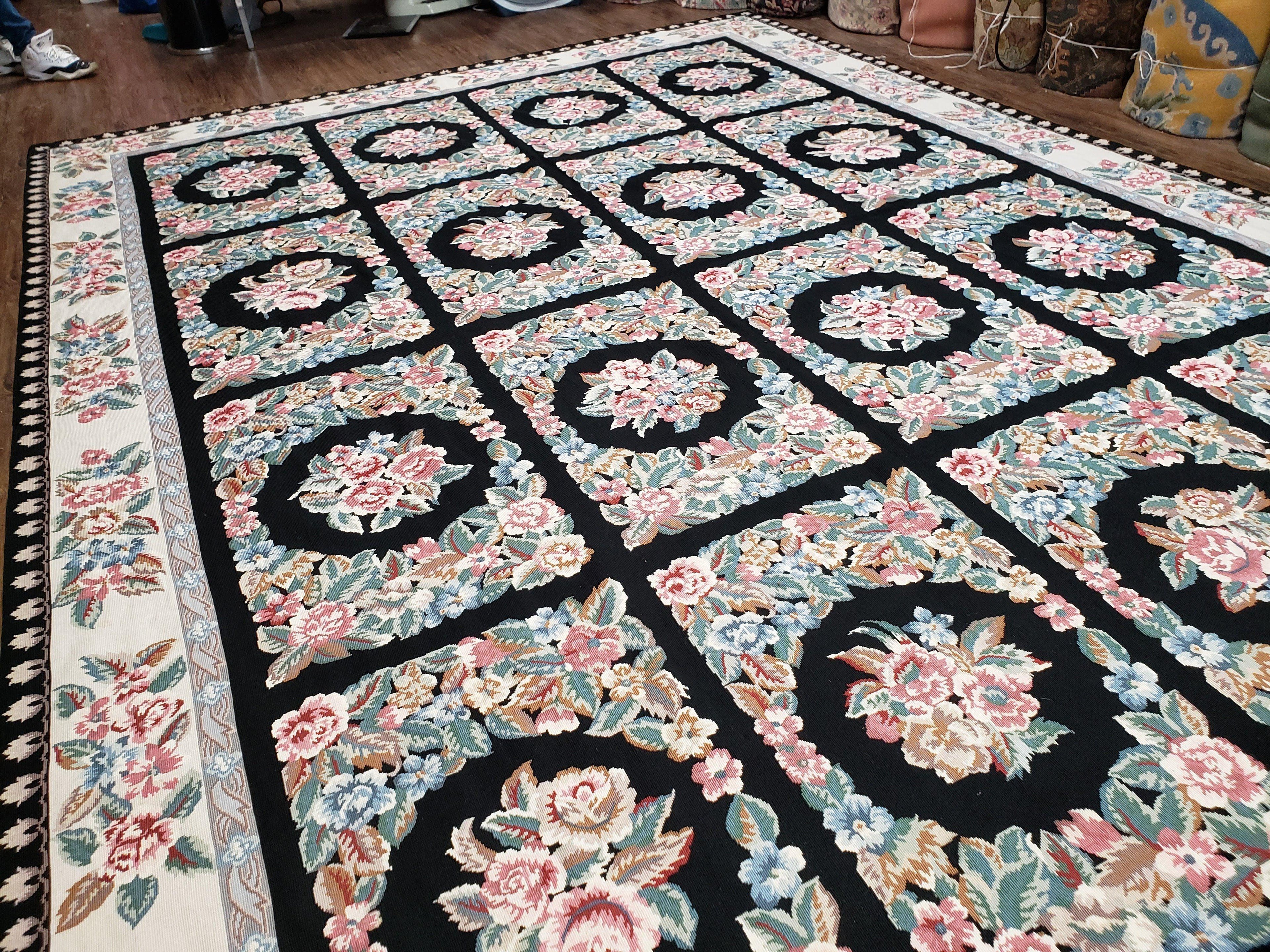 Floral Needlepoint Rug 9.5 x 13.6, Floral Panel Design, Black and Ivory Flatweave Aubusson Carpet, Multicolor