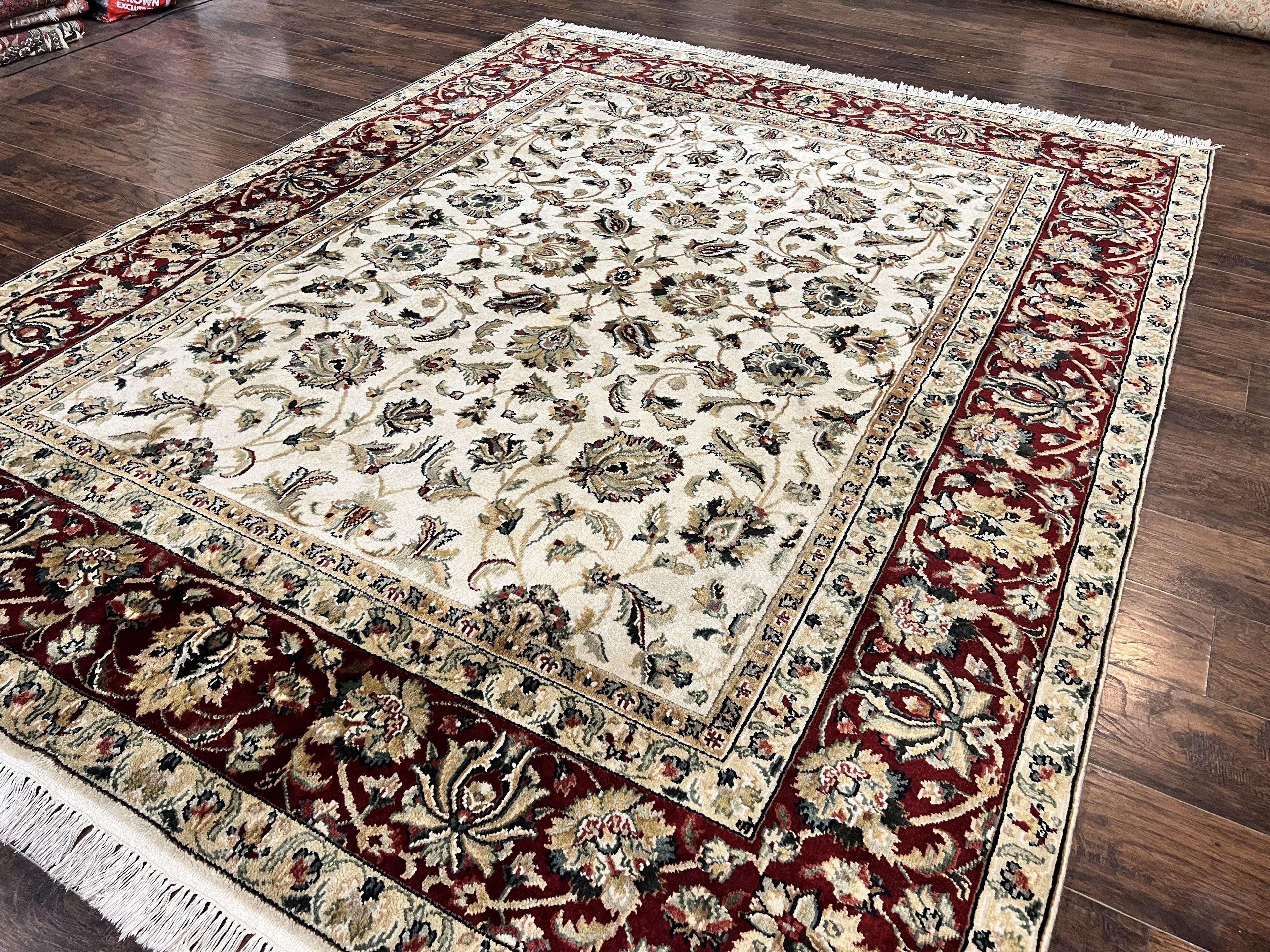 Indo Persian Rug 8x10, Wool Hand Knotted Vintage Carpet, Ivory Maroon, 8 x 10 Traditional Oriental Rug, Floral Allover Rug