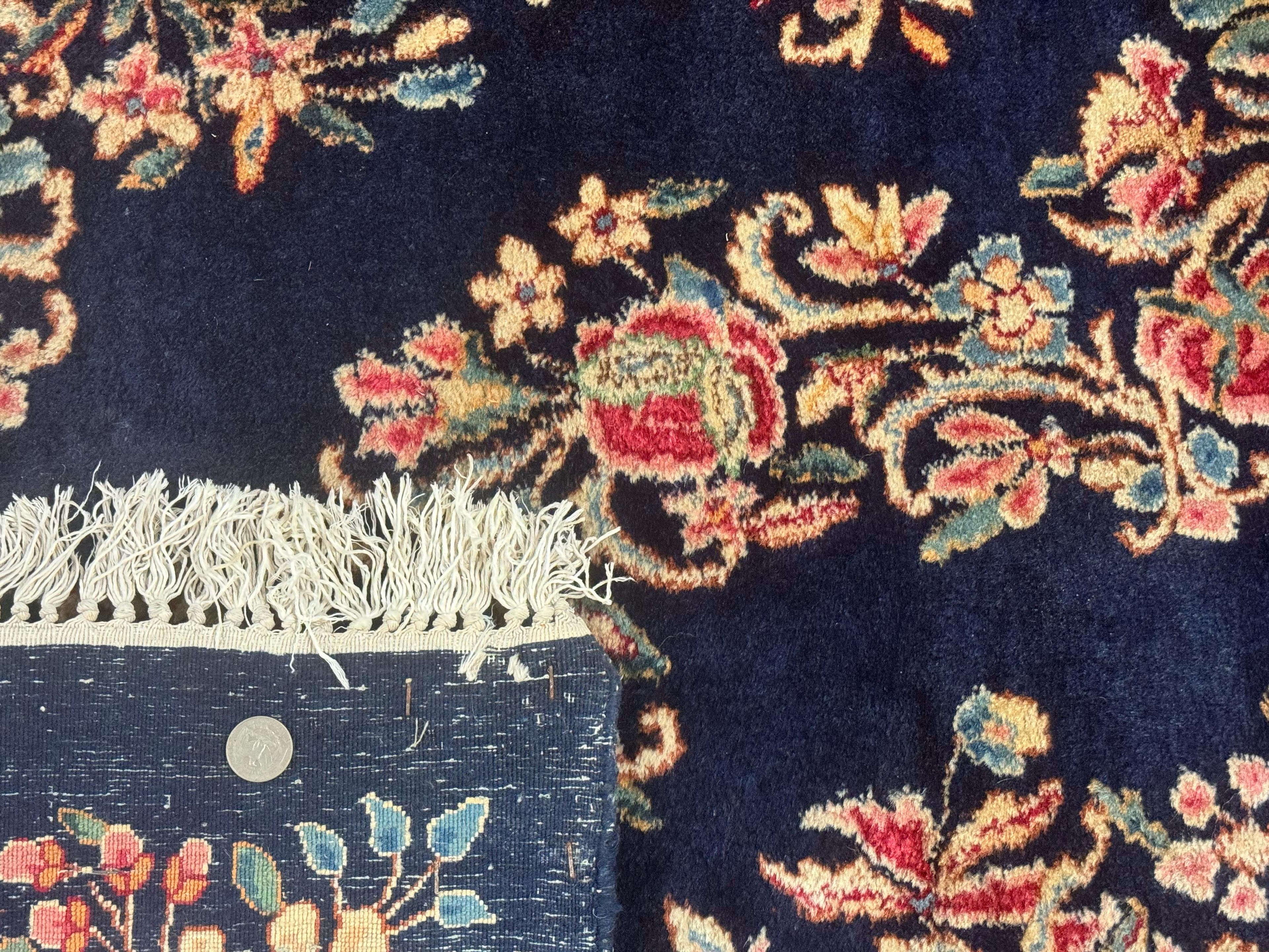 Antique Persian Kerman Rug 10x13, Navy Blue Floral Carpet, Fine 270 KPSI