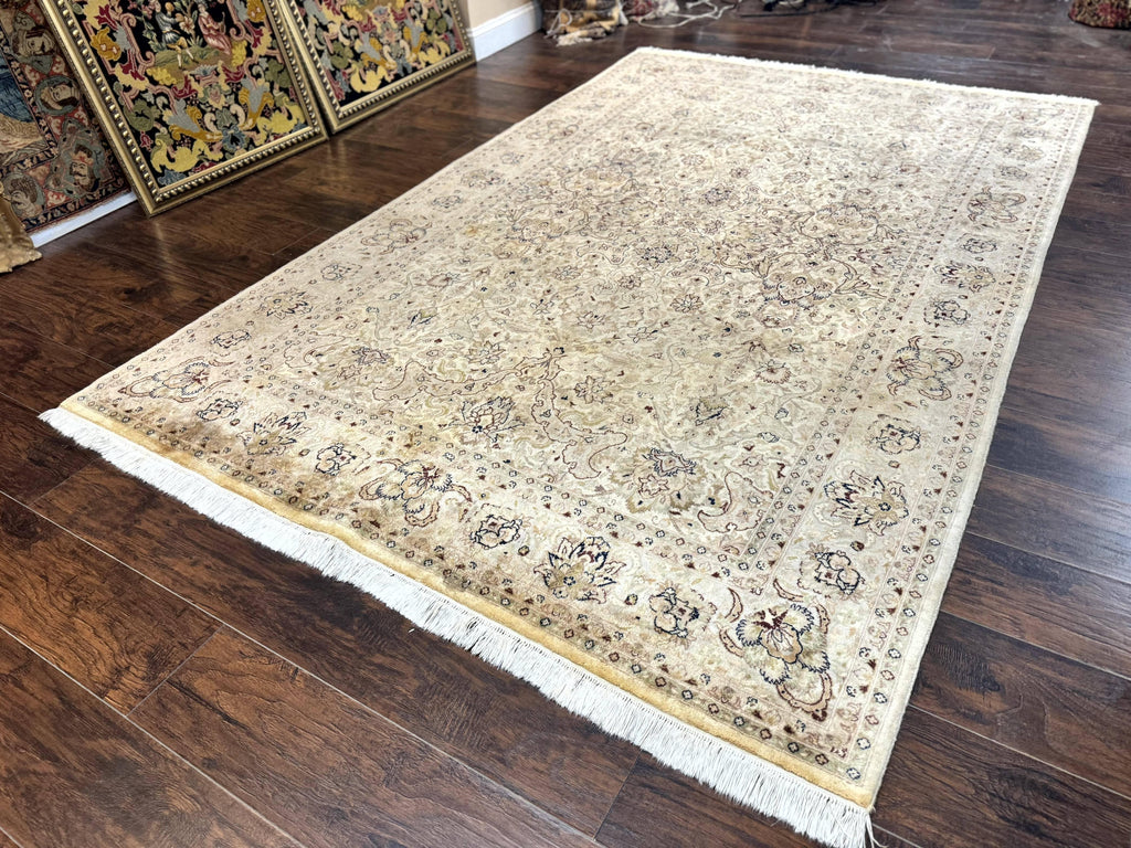 Pak Persian Rug 6x9, Vintage Handmade Wool Carpet, Floral, Beige